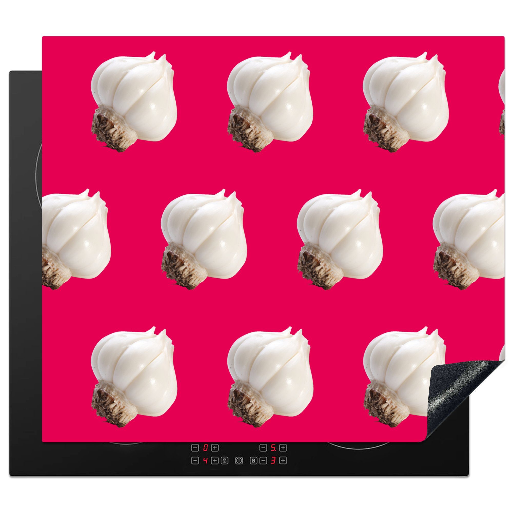 MuchoWow Herdblende-/Abdeckplatte Knoblauch - Gemüse - Muster - Rot, Vinyl, (1 tlg), 59x52 cm, Ceranfeldabdeckung für die küche, Induktionsmatte