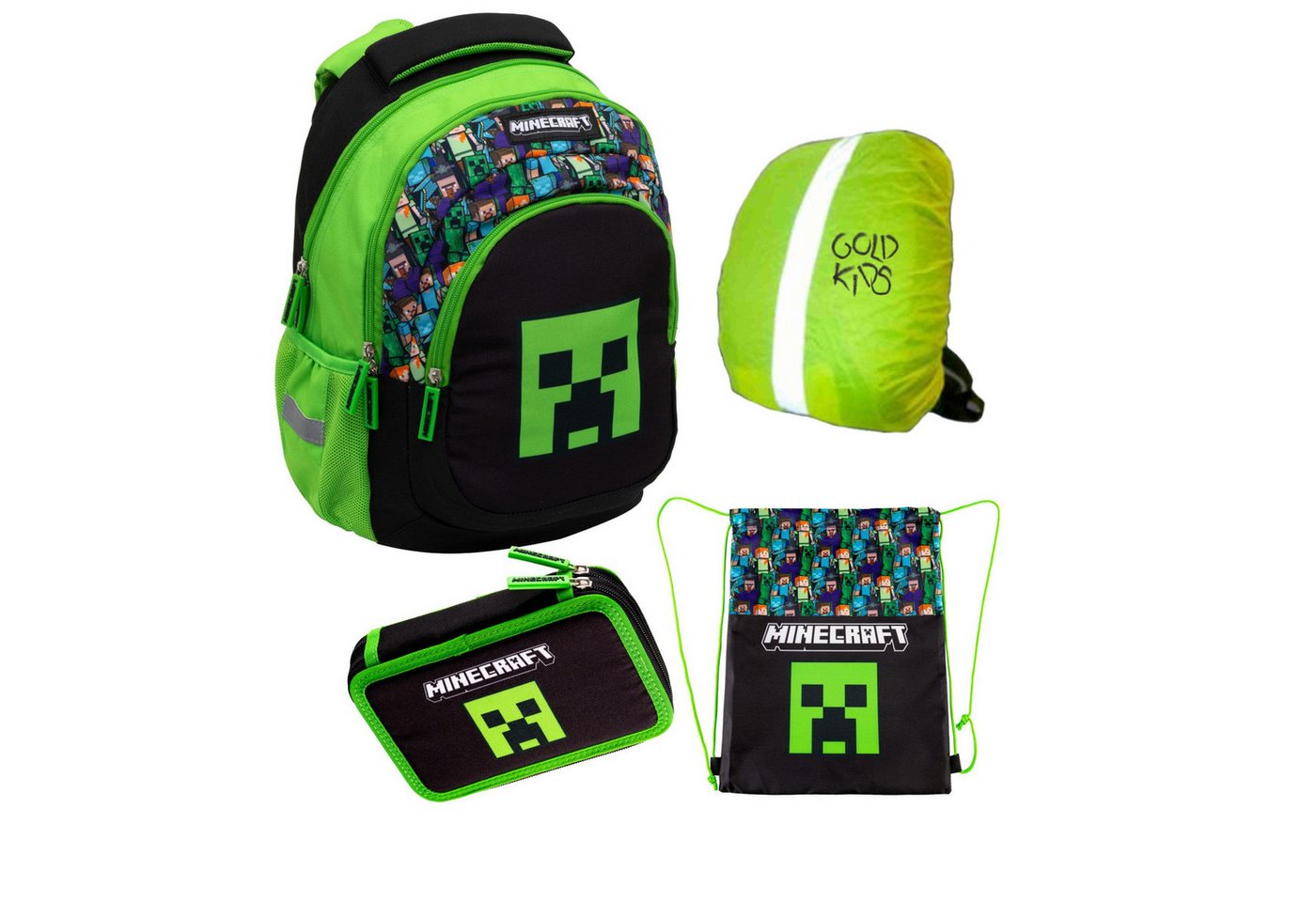 GOLDKIDS Schulranzen für Jungen und Mädchen, 4er-Set - (Schul-Rucksack für Kinder mit Federmäppchen, 1-tlg., - Schuhbeutel und Regenschutz), - Minecraft Motiv
