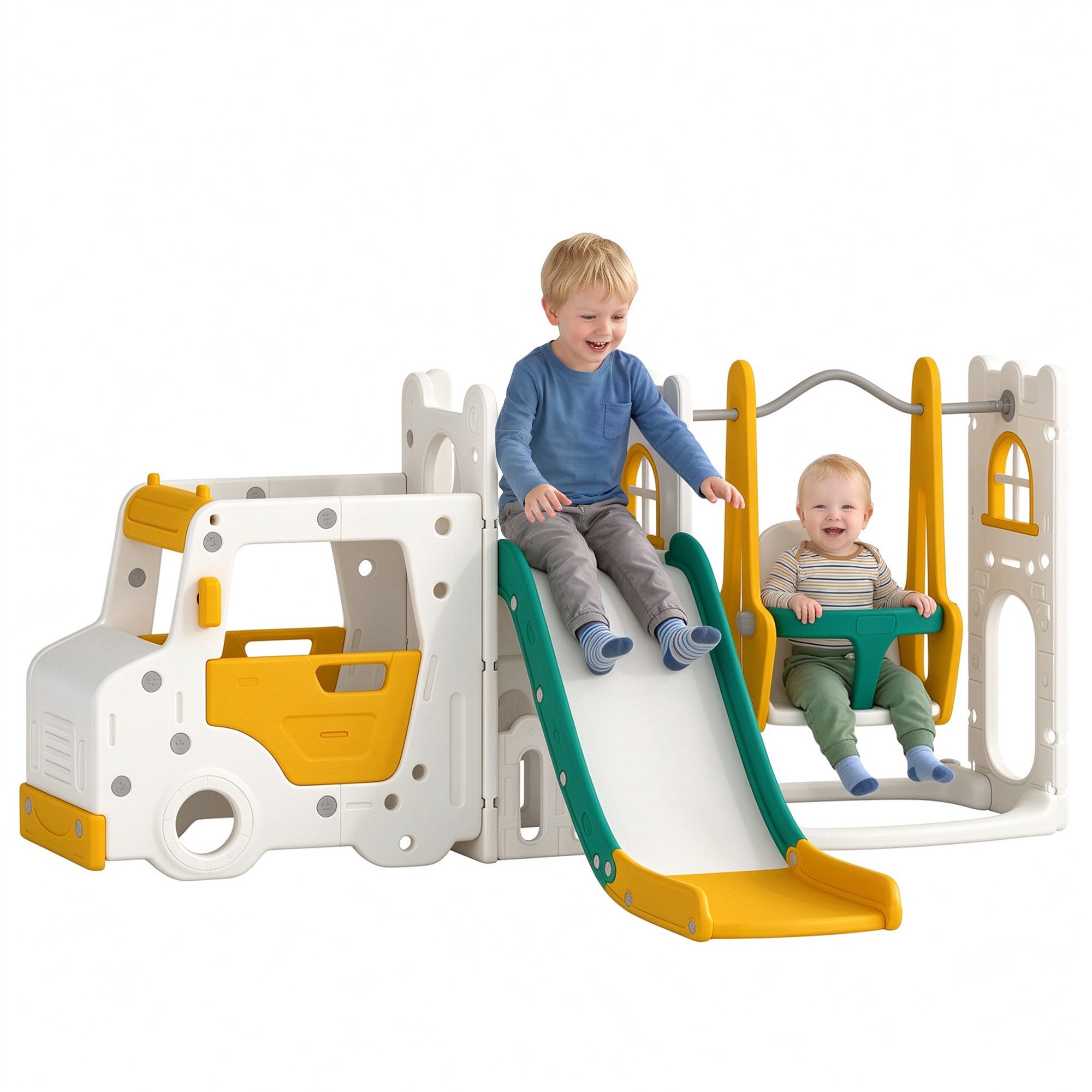 AIYAPLAY Rutsche 7 in 1 Kinderrutsche mit Schaukel Tunnel Auto Lenkrad Hupe, (Gartenrutsche, 1-tlg., Kinder Spielplatz), Max. 60kg für Kleinkinder 1–4 Jahre Weiß