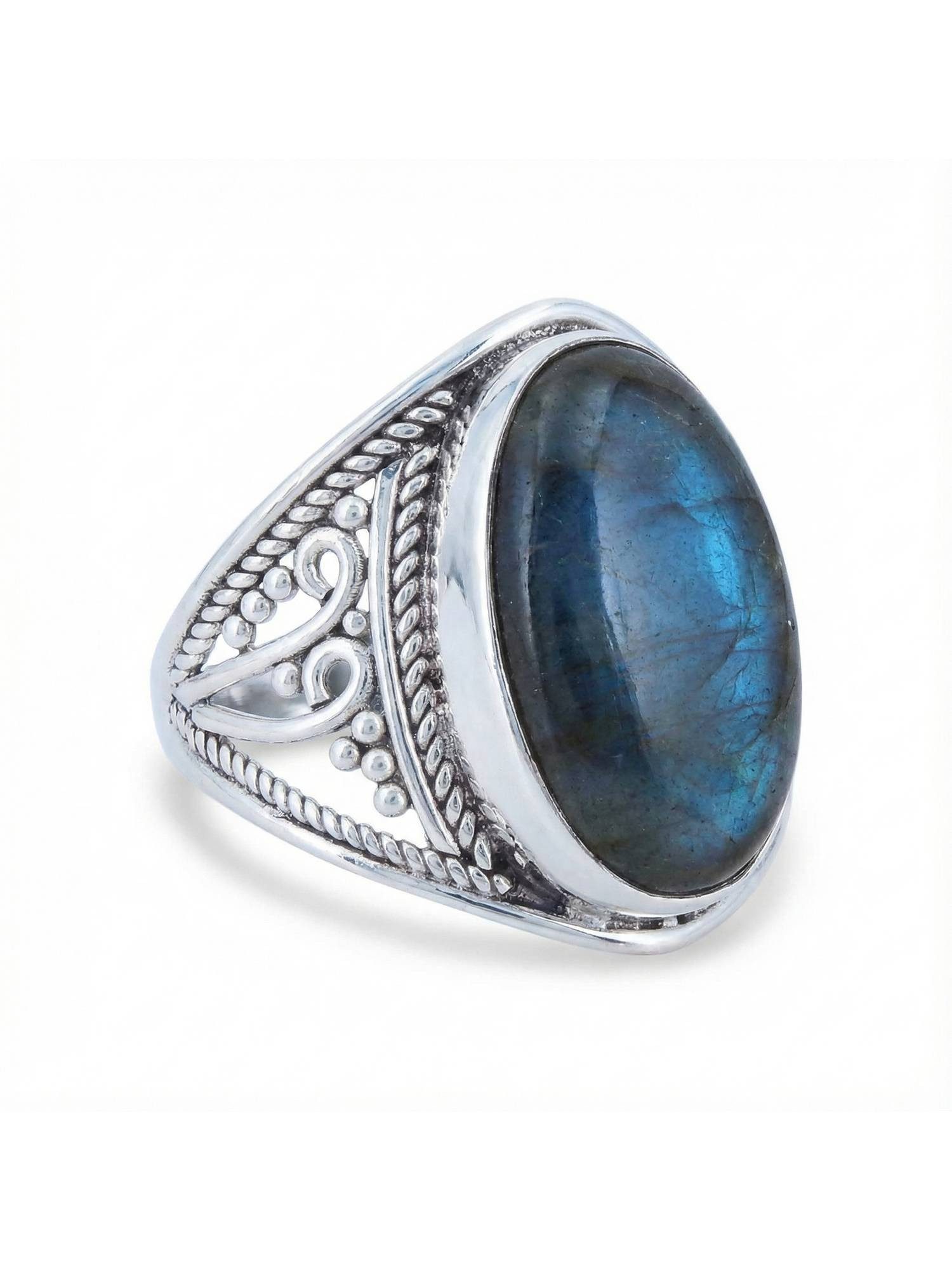 mantraroma Silberring DAHAB oval groß aus 925 Silber mit Labradorit (Ring mit Schmuckbeutel), Damenring aus 925er Silber