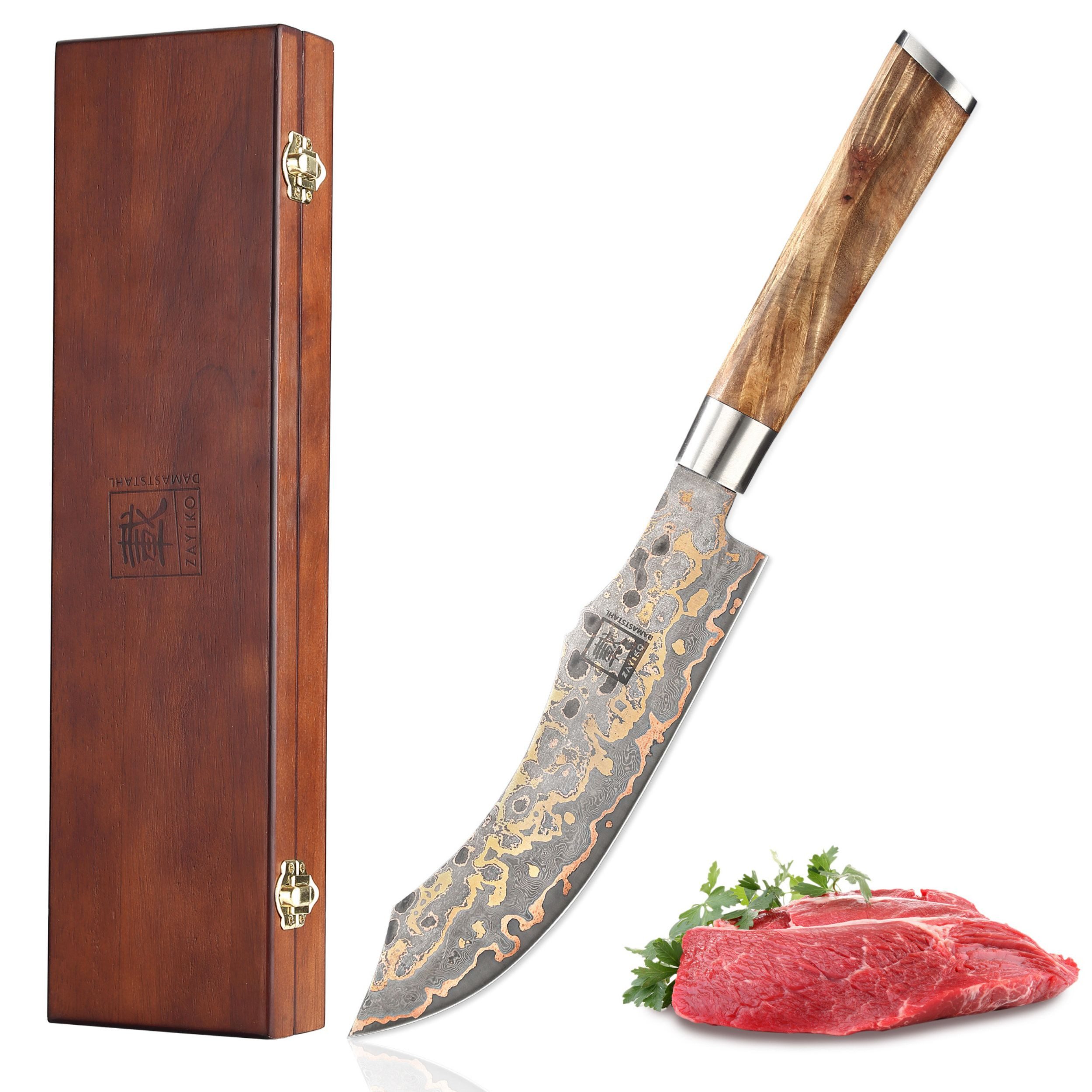 ZAYIKO Universalküchenmesser MysticMagma Scimitar Küchenmesser 19 cm Klinge Kupfer-Bronze-Einlage, Damaststahl, Kupfer-Bronze-Einlage