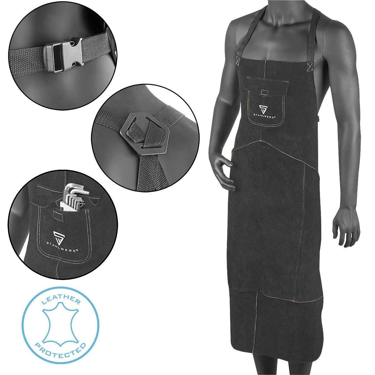 STAHLWERK Schweißerschürze Schweißerschürze / Schutzschürze / Lederschürze, (Packung, Set, 1-tlg., Einzelartikel), robust, strapazierfähig und abriebfest