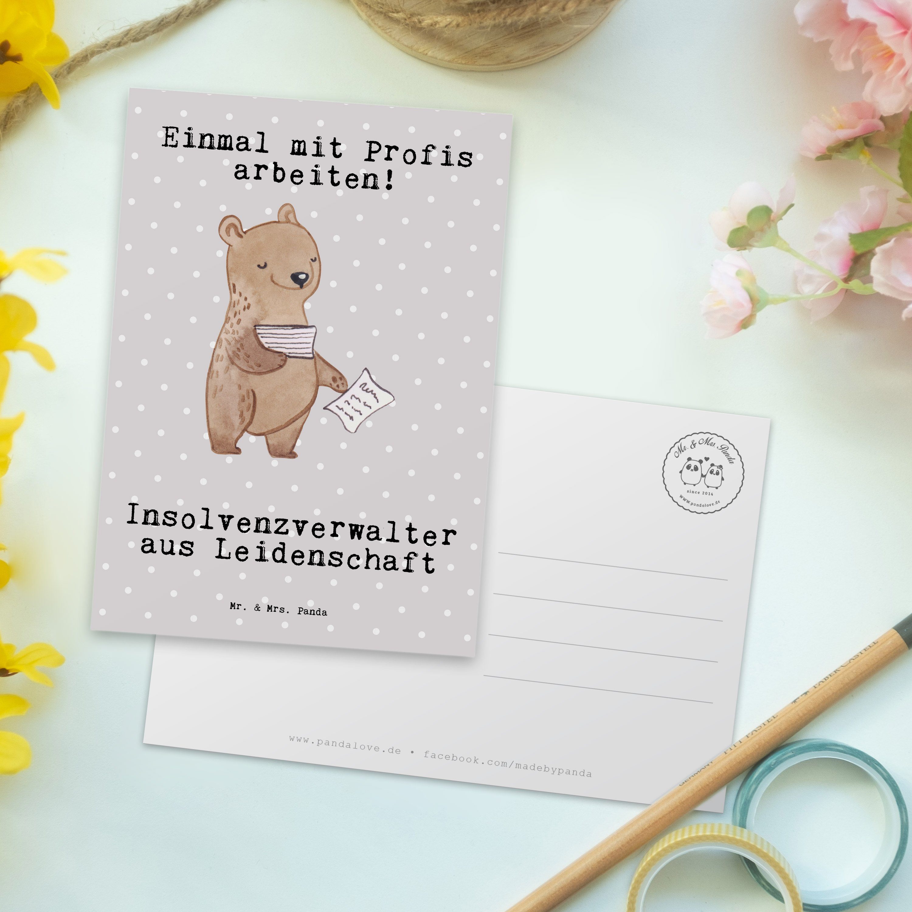 Mr. & Mrs. Panda Postkarte Geschenk, Leidenschaft Pastell - Dankes aus - Grau Insolvenzverwalter