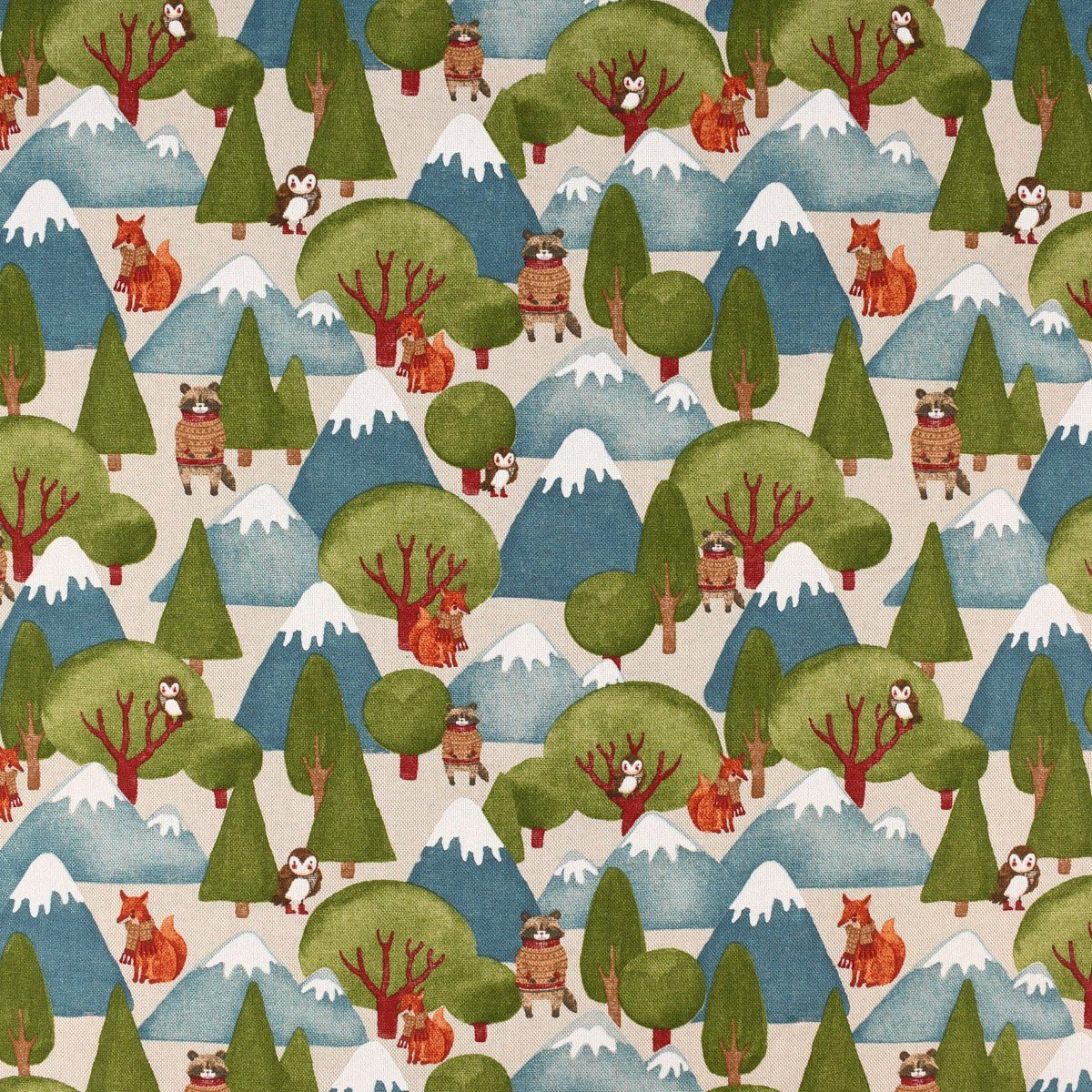 Stoff Dekostoff Meterware Wald Berge Wintertiere Fuchs Eule natur grün blau