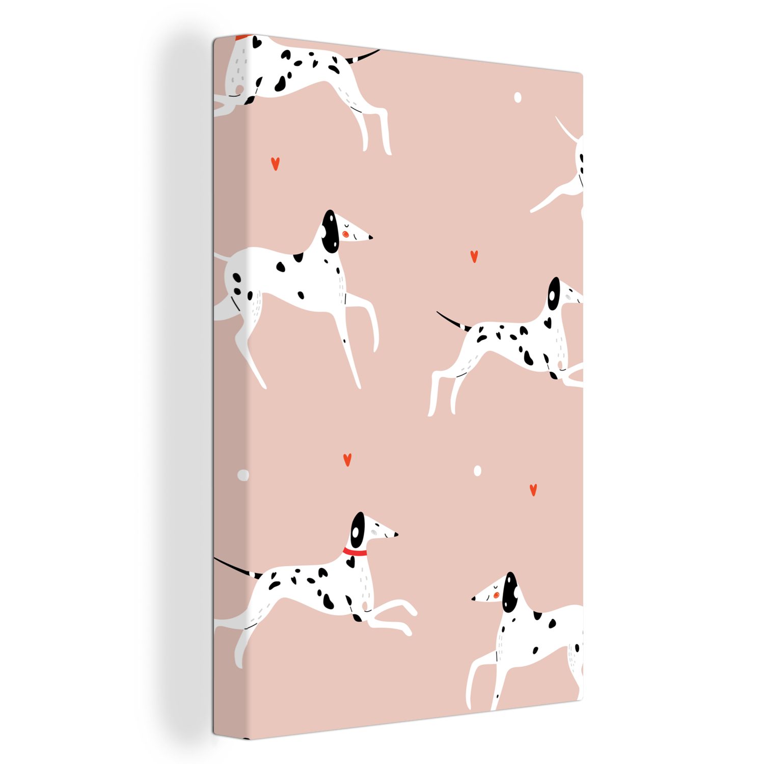 OneMillionCanvasses® Leinwandbild Doggy Illustration mit laufenden Dalmatiner auf einem rosa Hintergrund, (1 St), Leinwandbild fertig bespannt inkl. Zackenaufhänger, Gemälde, 20x30 cm