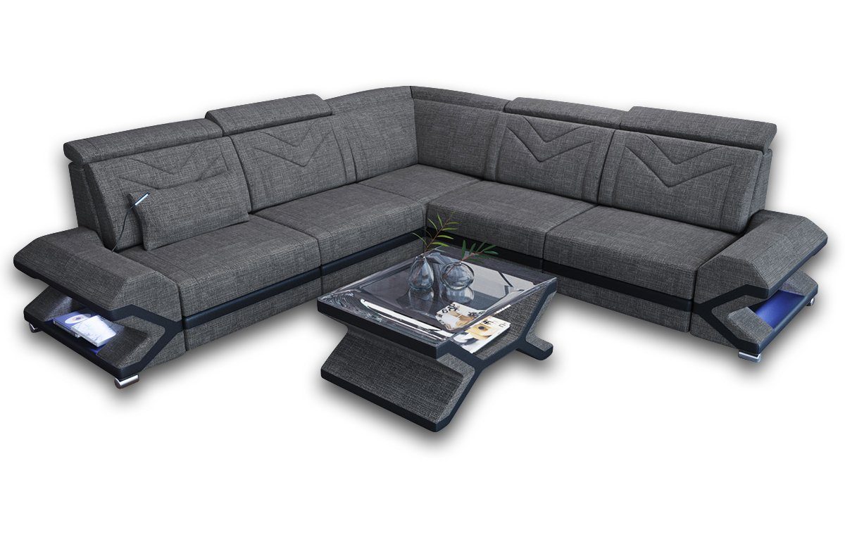 Sofa Dreams Bettfunktion, Designersofa Couch ausziehbare L Stoff C76 Sorrento Ecksofa Stoffsofa Form, LED, Polstersofa Hellgrau-Schwarz mit