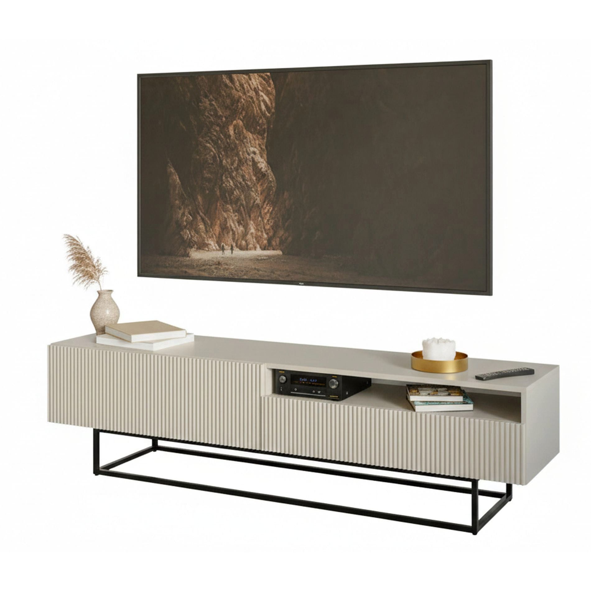 Selsey TV-Schrank VELDIO TV-Lowboard 175 cm – Offenes Fach, Riffel-Optik & Schwarzgestell