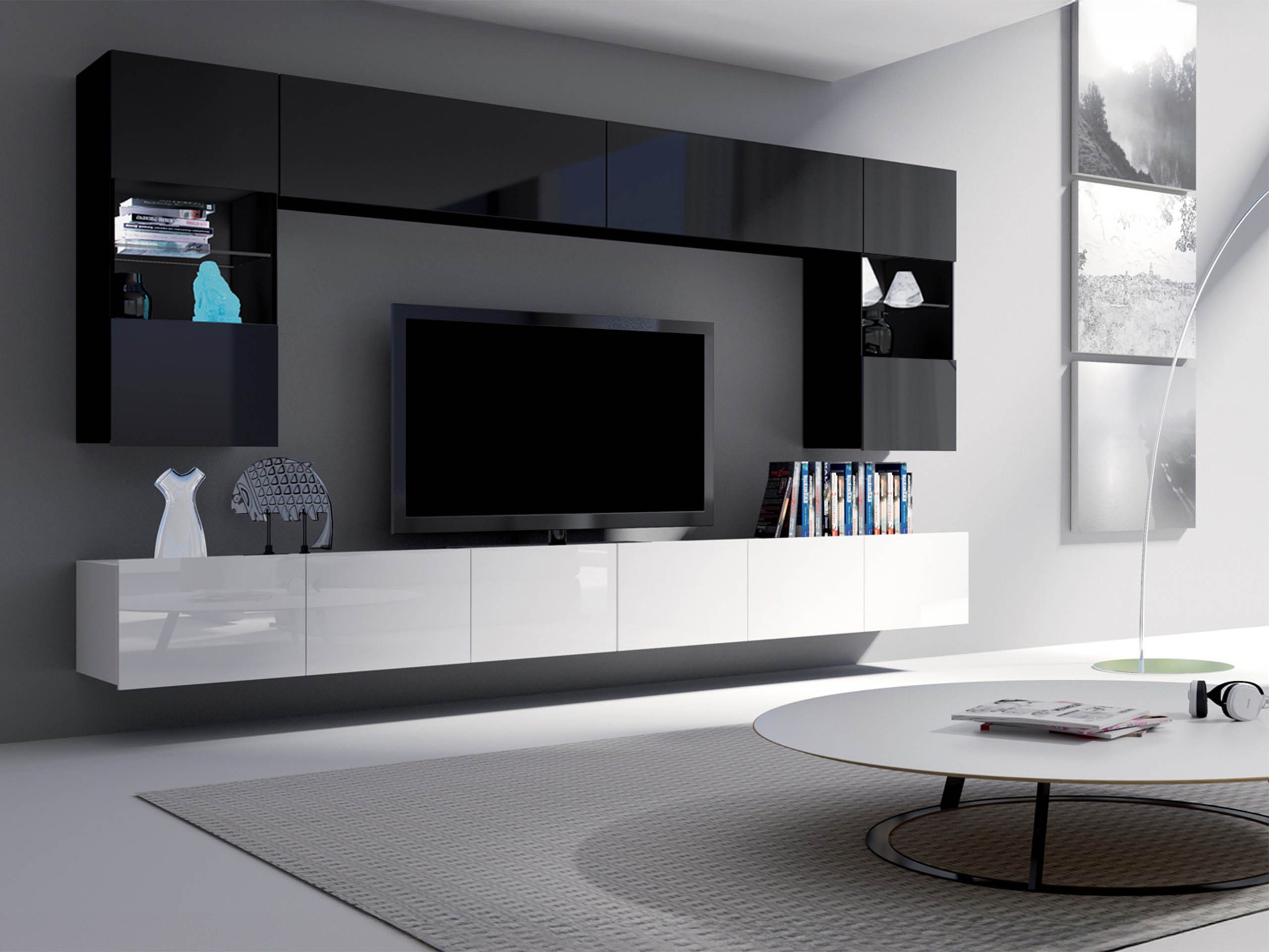 MIRJAN24 Wohnwand Calabrini I, (6er-Set, 2x TV-Lowboard, 2x Wandregal, 2x Hängevitrine), LED-Beleuchtung als Option
