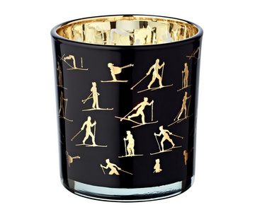 EDZARD Sektkühler Monty, Windlicht, Kerzenglas mit Monty-Motiv in Grün/Gold-Optik, Teelichtglas für Teelichter, Höhe 8 cm, Ø 7,5 cm
