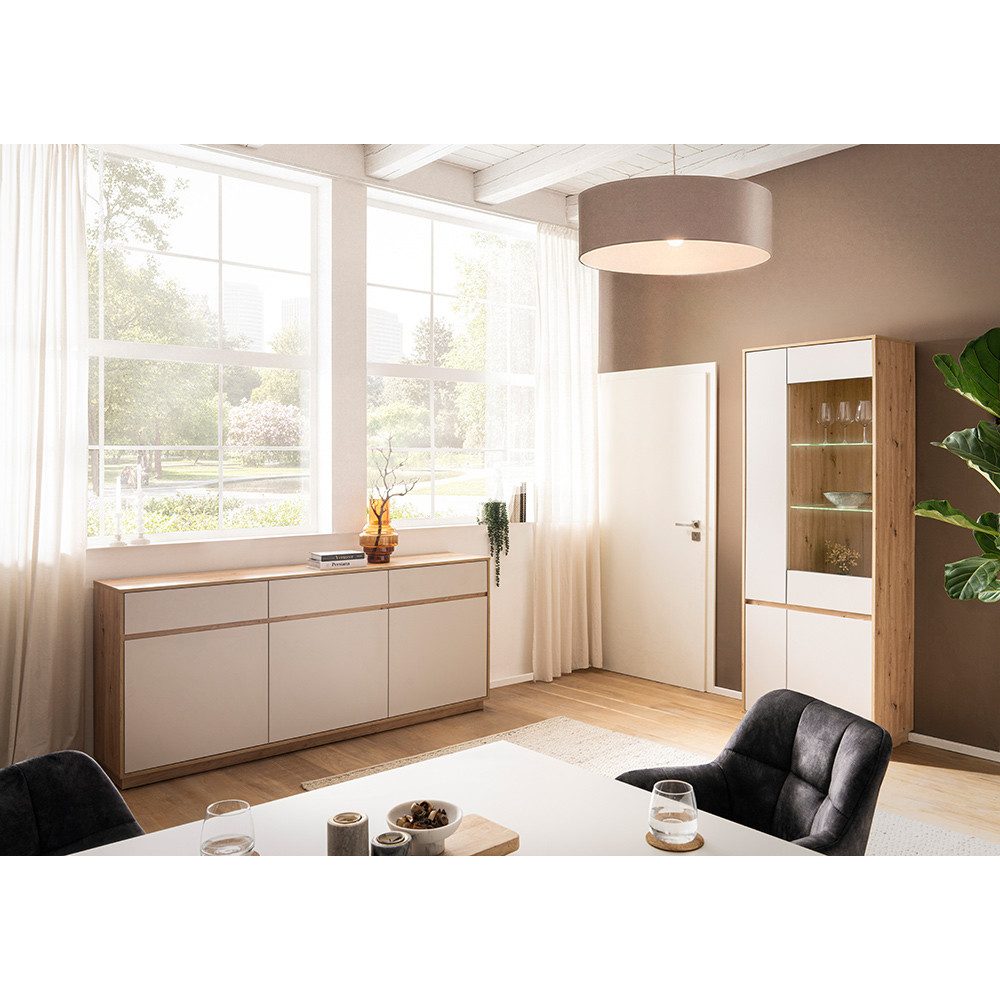 Lomadox Wohnzimmer-Set SITTEN-61, (Mega-Spar-Set, 2-St., Vitrine inkl. Beleuchtung Sideboard), Eiche mit Kaschmir Beige, inkl. Beleuchtung, Türen mit Softclose
