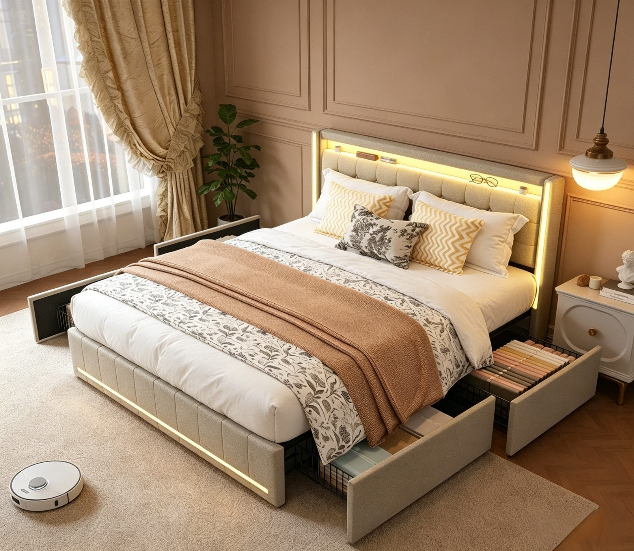 Simurq Polsterbett Schubladenbett Bettrahmen Jugendbett mit LED&Ladefunktion (1-tlg., Mit Stauraum,Verstellbare LED Beleuchtung,Lattenrost), Doppelbett Stauraumbett Modern,Linen