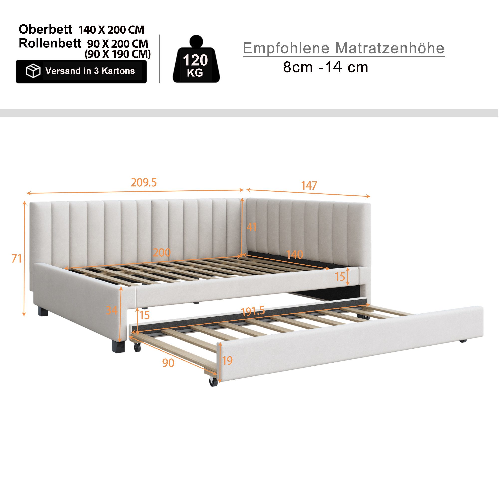 HAUSS SPOLE Schlafsofa 140x200cm mit ausziehbares schlafsofa, Lattenrost, Samtstoff Beige, Polsterbett 140x200 cm – Ausziehbares Schlafsofa mit Lattenrost, Multifunktional für Jugendzimmer & Gästezimmer, Samtstoff, Stabil & Komfortabel, ohne Matratze