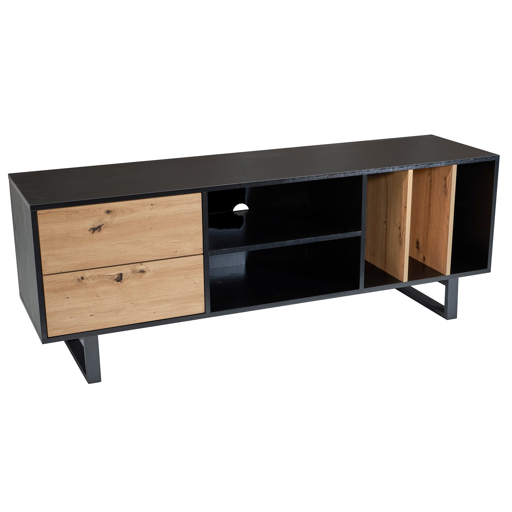 Wohnling Lowboard WL6.814 (Schwarz Eiche-Dekor, 150x55x40 cm, zwei Schubladen), TV-Kommode Hoch, TV-Schrank Modern Fernsehtisch