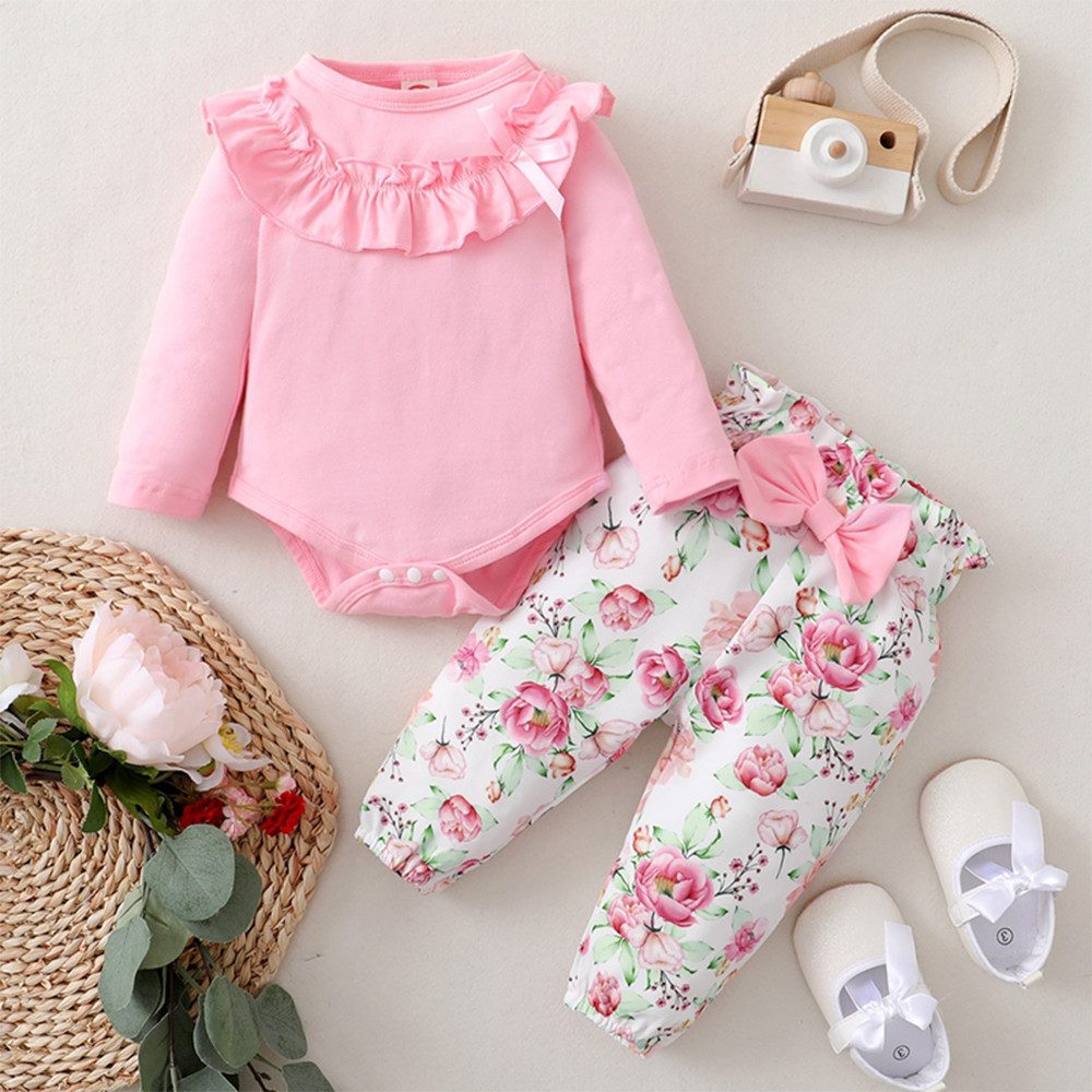 Gluckids Shirt & Hose Baby Mädchen Rüschen Süßes Set Langarm Strampler + Blumen Hose Outfits (Sets, 2-tlg) Kleinkind einfarbig Jumpsuit Hosenanzug Frühling & Herbst Babykleidung