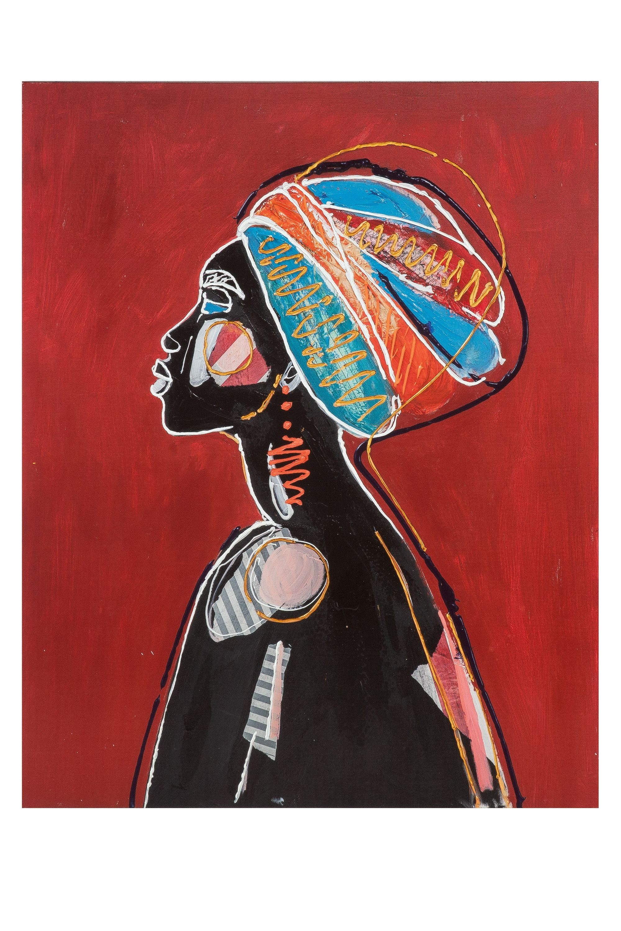 GILDE Bild GILDE Bild Afrikanische Kopfbedeckung - bordeauxrot - H. 100cm x B. 80cm