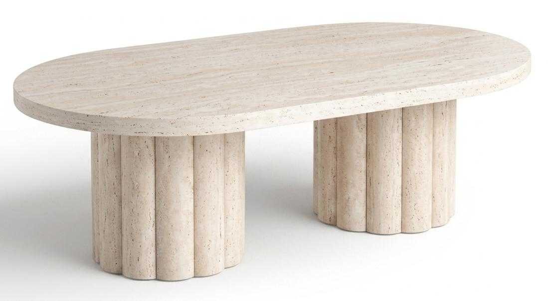 JVmoebel Couchtisch Couchtisch Oval Travertin Optik Beige Modern Design Rillen Beine, Made in Europa