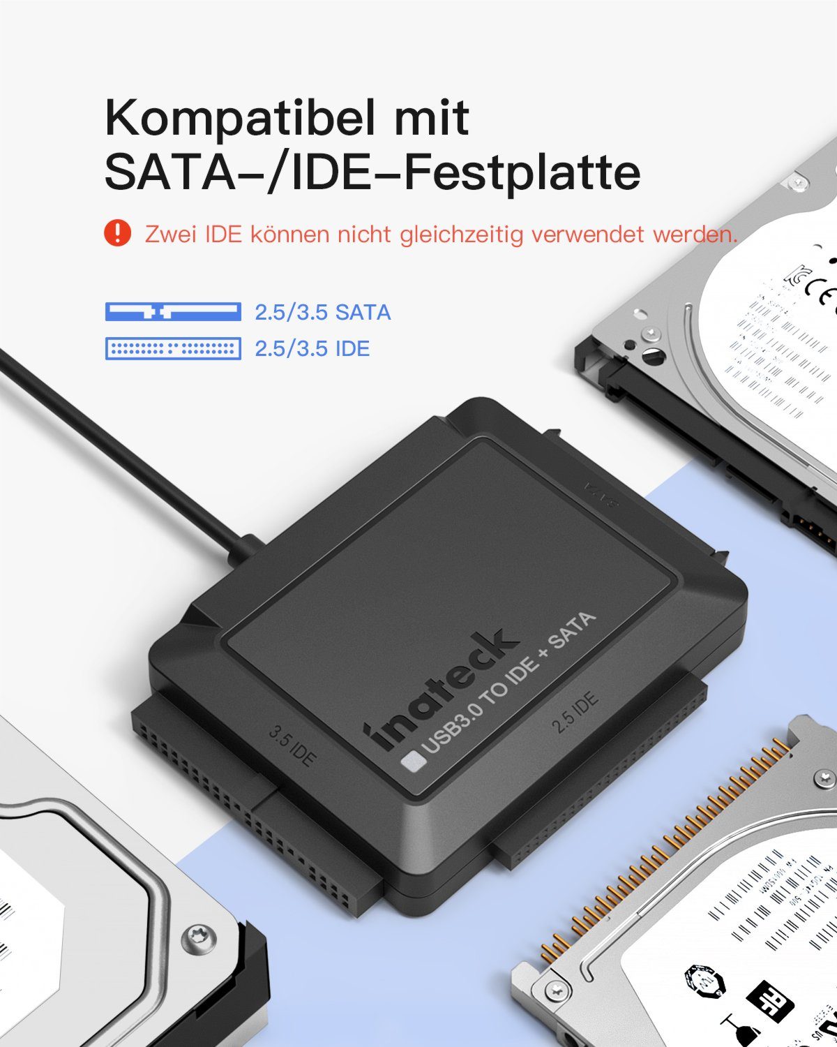Inateck Festplatten-Gehäuse IDE SATA to USB 3.0 Adapter für 2.5/3.5 HDD/SSD