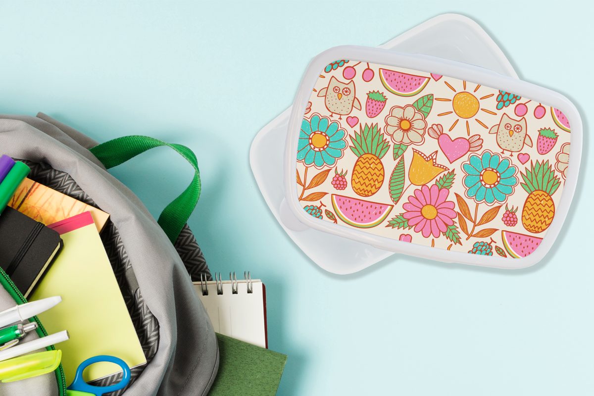 Kinder Regenbogen für Brotdose, Jungs Mädchen - Lunchbox und - weiß Eule (2-tlg), Brotbox MuchoWow Muster, Kunststoff, Blumen Erwachsene, - - und für Kinder