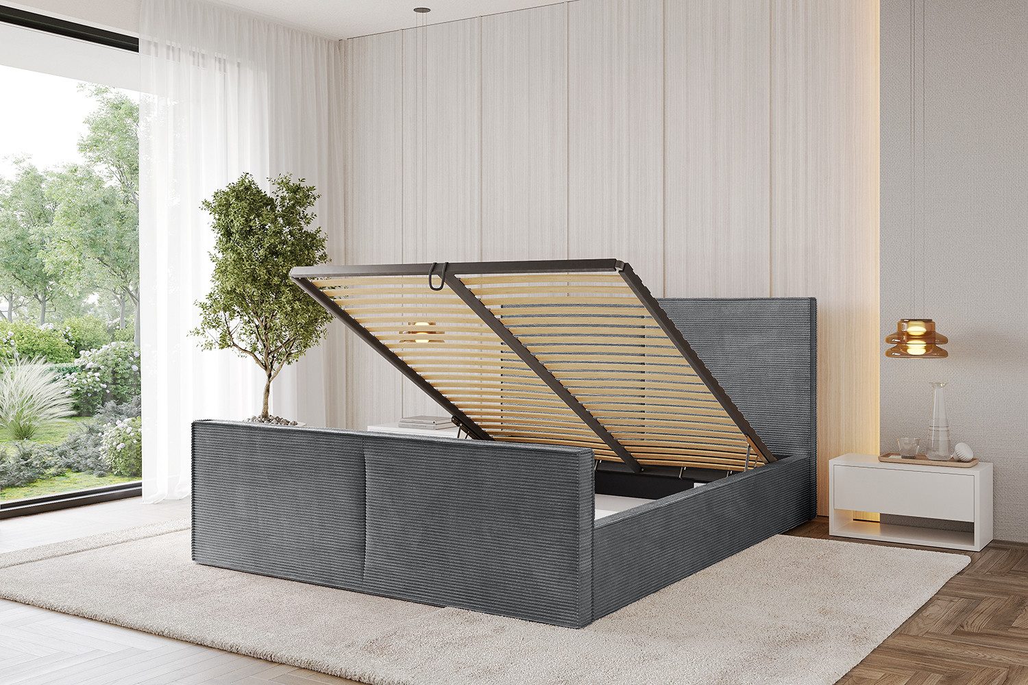 ALTDECOR Polsterbett EMMI-Z (Polsterbett mit Bettkasten und Lattenrost, Boxbett mit Matratze), Doppelbett mit Stauraum, Bett mit Kopfteil
