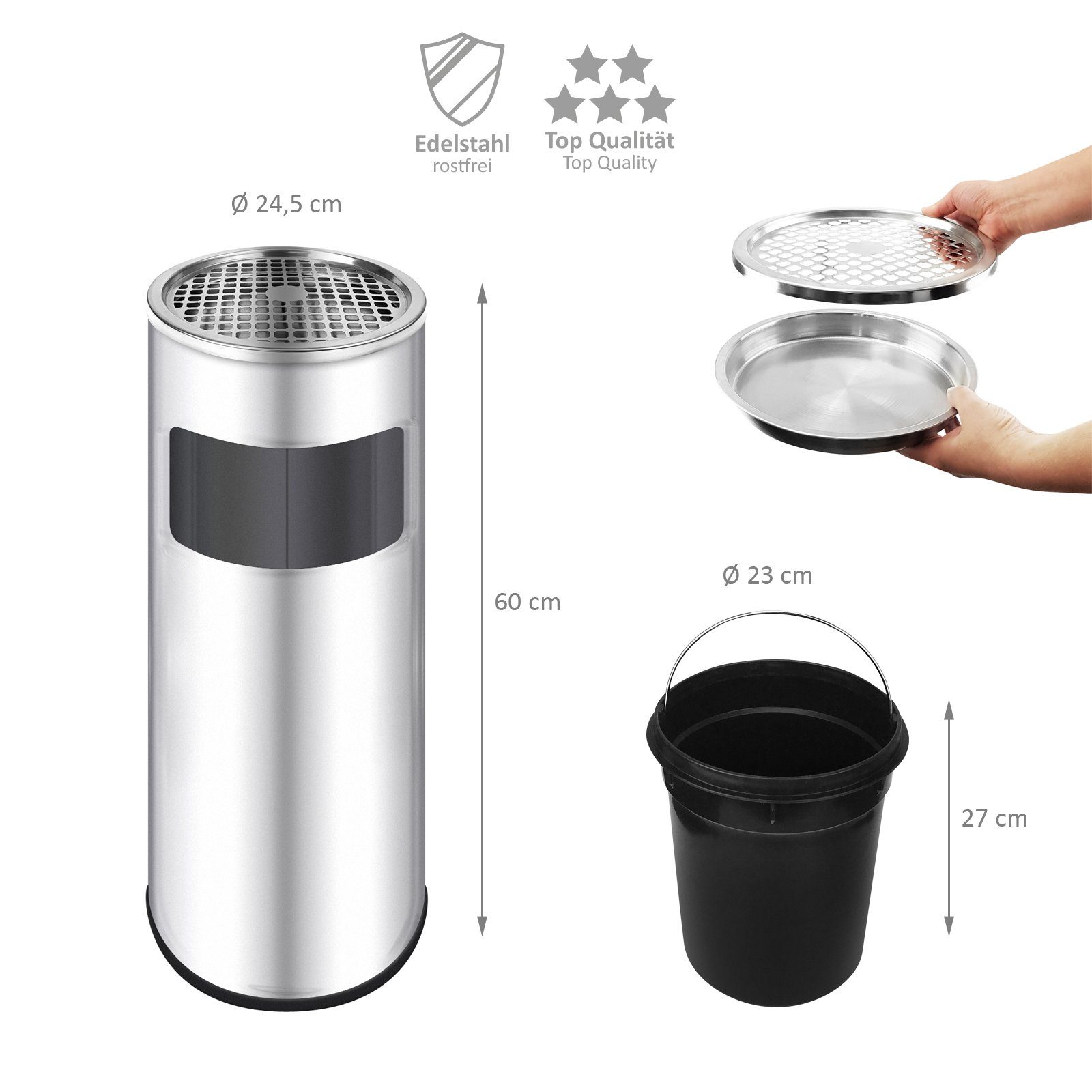 Wellgro Mülleimer 2 in 1 Standaschenbecher und Mülleimer - Edelstahl