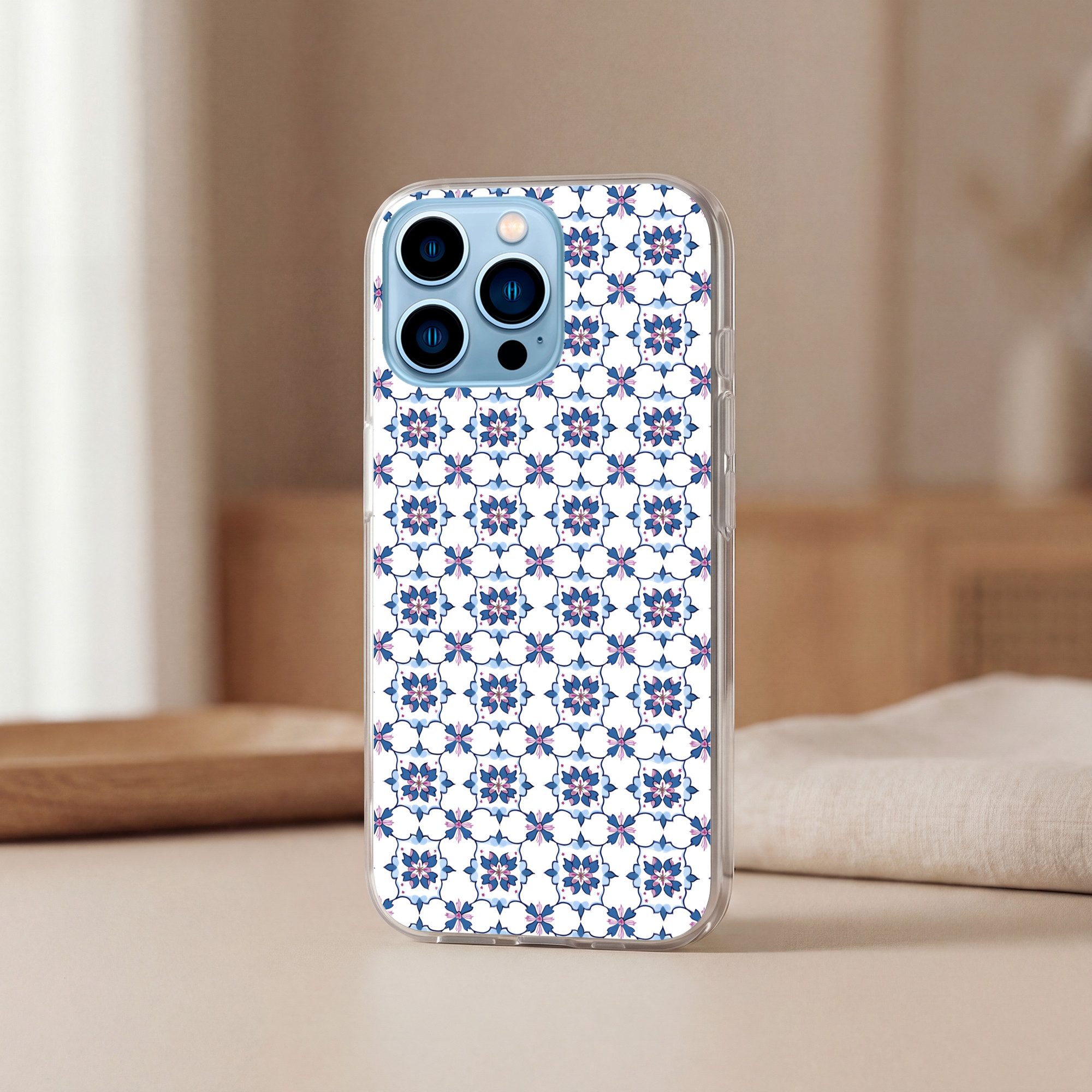 MuchoWow Handyhülle für Apple iPhone 13 Pro Modern - Muster - Blau - Rosa, Smartphone-Bumper, Print, Handy Schutzhülle Dünn