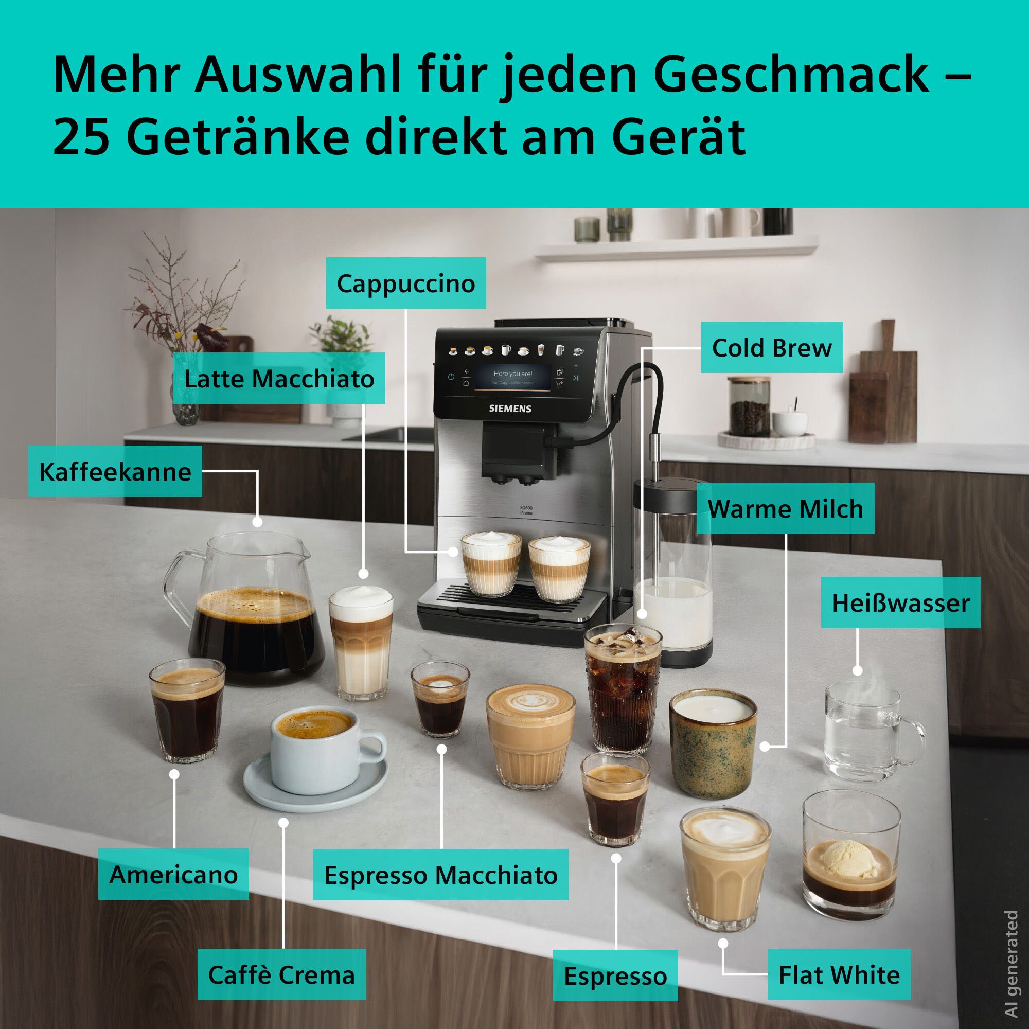 SIEMENS Kaffeevollautomat EQ600 TP605EM3, 8 Getränke, XL-Getränke, bis zu 480ml, Kannenfunktion, bis zu 10 Favoriten, Doppeltassenfunktion, Keramikmahlwerk, Ede – Bild 2 von 5