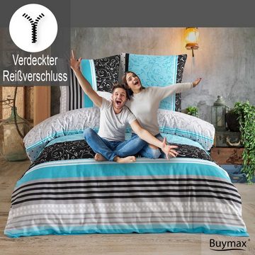 Bettwäsche Sara, Buymax, Renforcé: 100% Baumwolle, 2 teilig, 155x220 cm, mit Reißverschluss, Streifen Gestreift Türkis Grau Schwarz