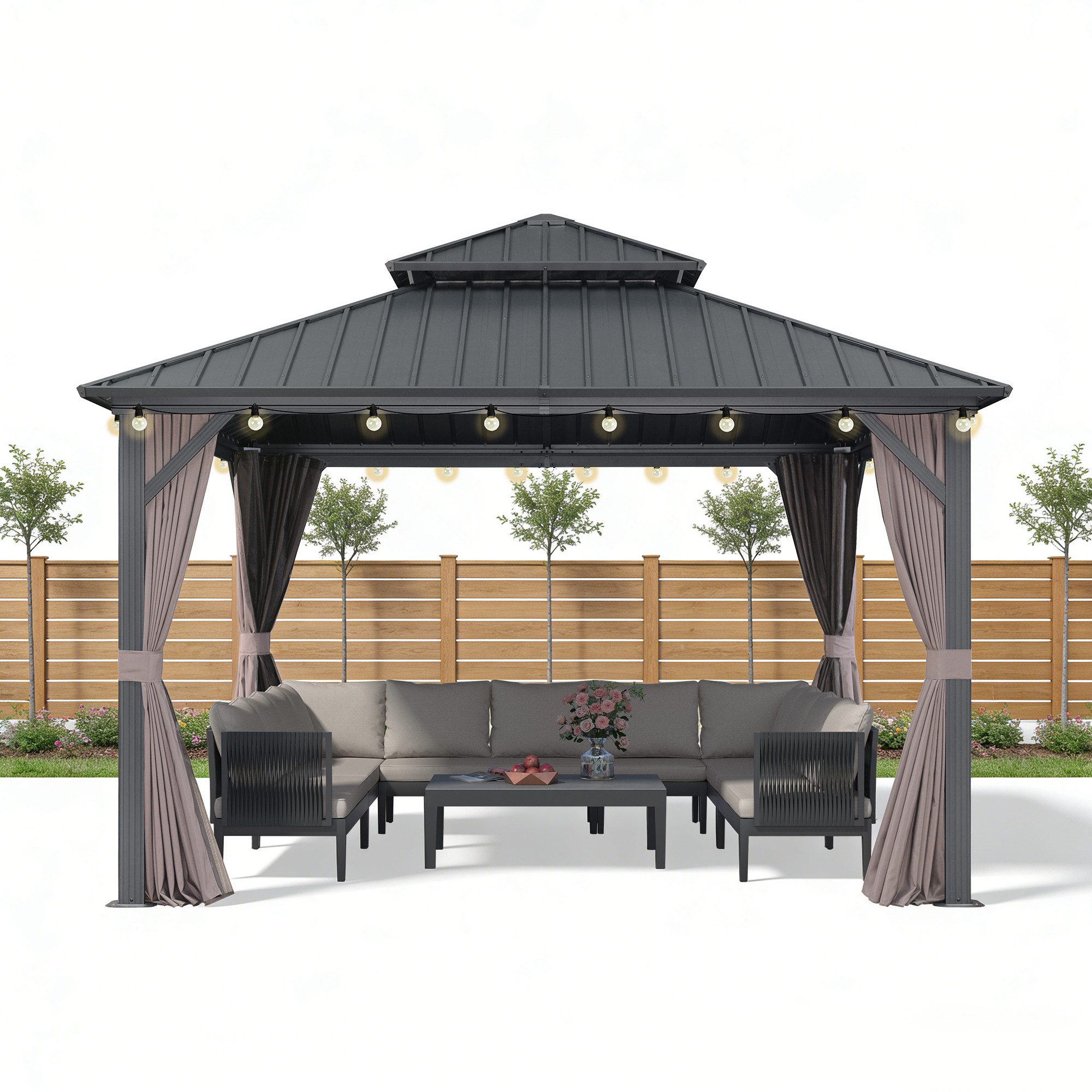 PURPLE LEAF Pavillon Günstiges Gartenpavillon mit LED-Lichterkette, Verzinkter Stahl, Aluminium, mit Seitenwänden, Wasserdicht, Winterfest