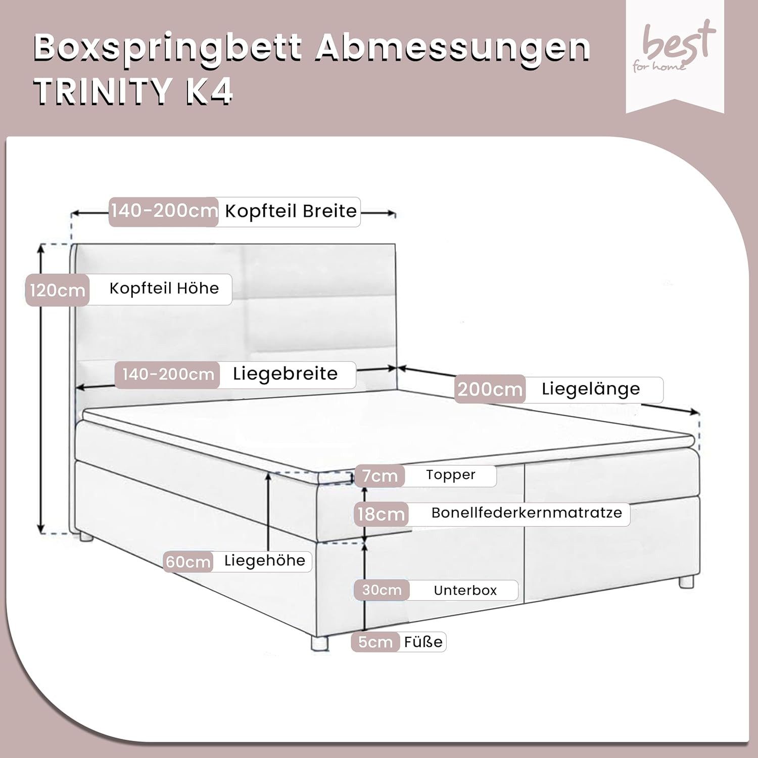 Best for Home Boxspringbett Trinity K-4 mit Stauraum & 7-Zonen Komfort – modern & ergonomisch (Komplett-Set, 1-St., 140x200 160x200 180x200 200x200 cm), Handwerksqualität, TOP Preis-Leistungs-Verhältnis
