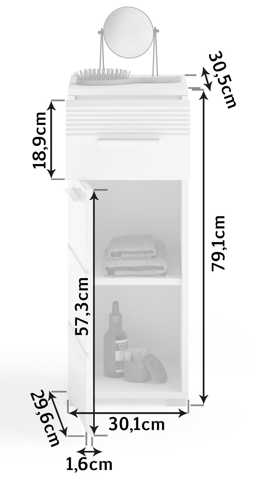 xonox.home Unterschrank Linus x 30 mit Schublade, weiß cm) in (Badezimmer Kommode Hochglanz, Vollauszug 79