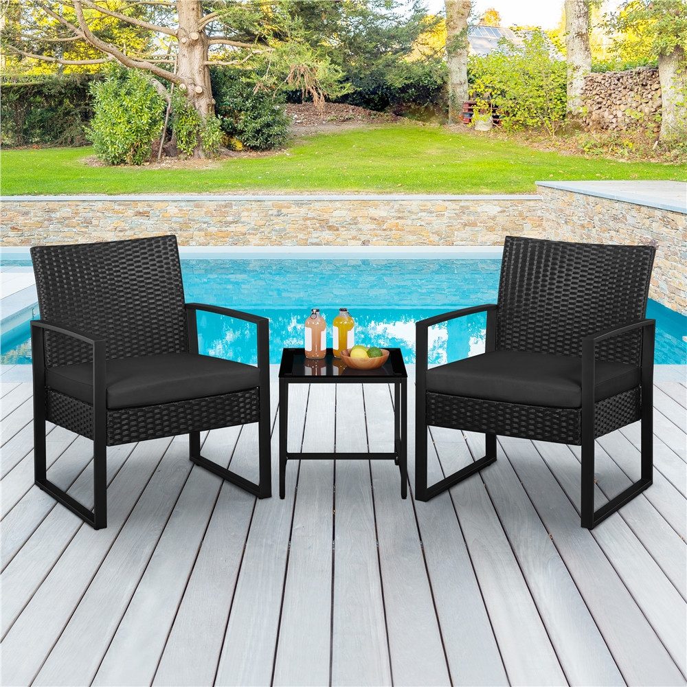 Yaheetech Balkonset 3-teilig Terrassenmöbel-Set in Rattan-Optik, Sitzgruppe mit 2 Stühle & 1 Quadratischem Beistelltisch mit Glasplatte – Bild 2 von 5