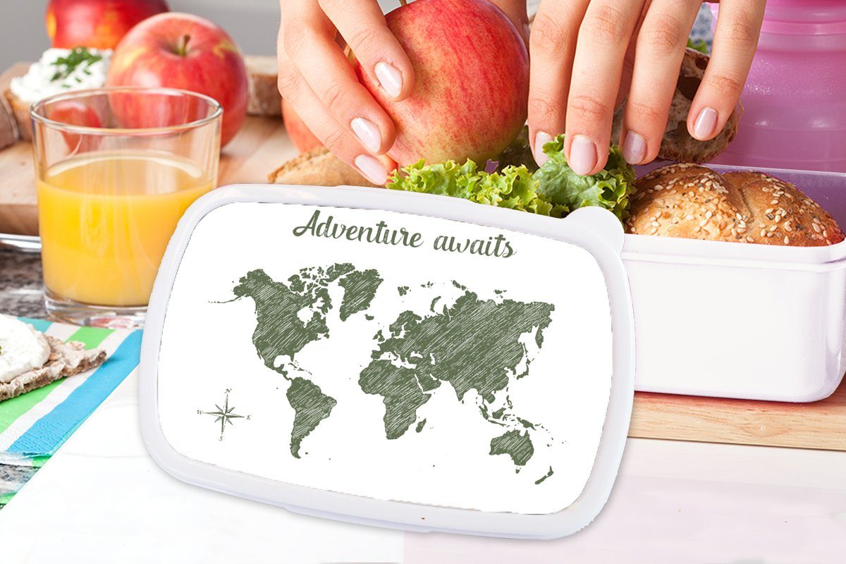 MuchoWow Lunchbox Weltkarte Kinder (2-tlg), Brotbox Zitat, Erwachsene, für Brotdose, und weiß Kunststoff, - und Mädchen für Jungs Grün 