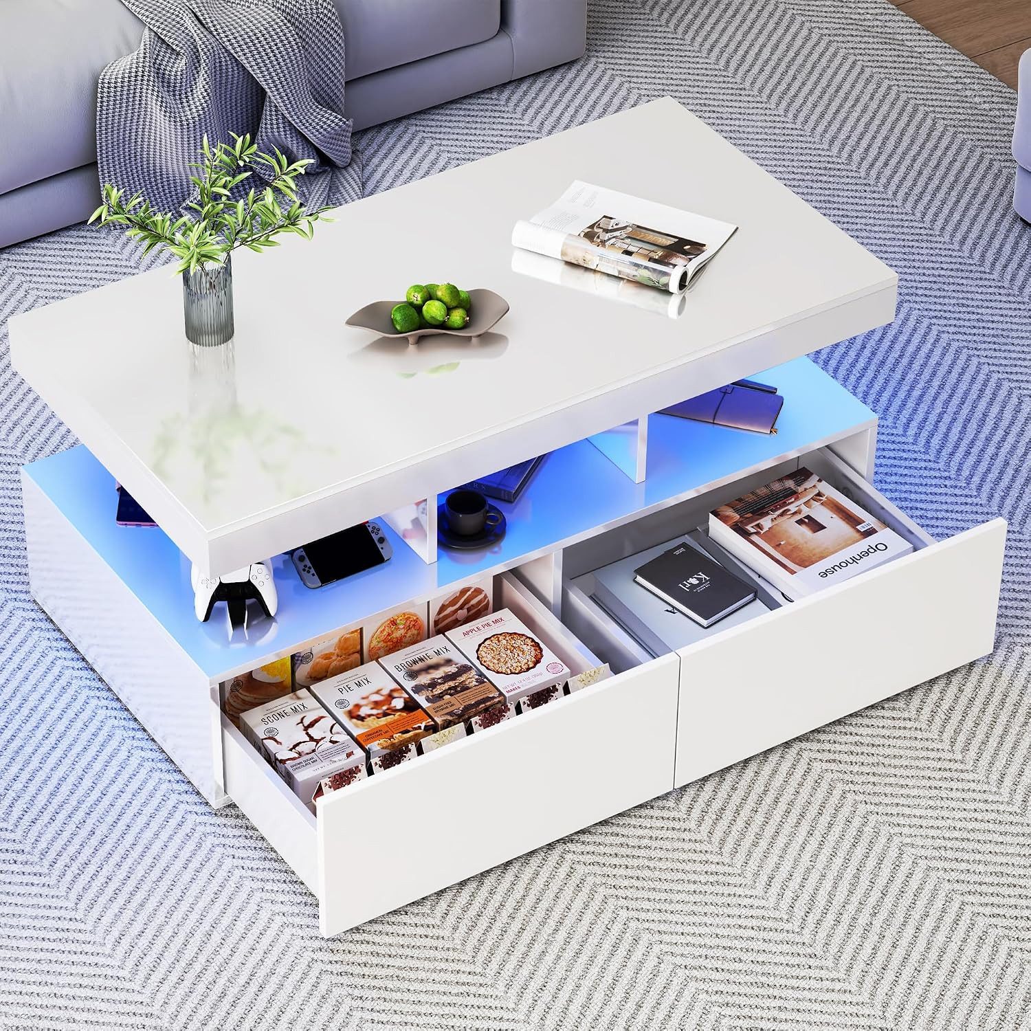 Simurq Couchtisch Hochglanz LED‑Couchtisch mit Schubladen & offenem Fach, 104x53x46 cm