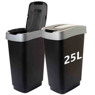 Centi Mülleimer 2er Set 25 Liter Abfalleimer mit Deckel Mülleimer Küche, mit Schwingdeckel - Schwarz/Silber - für Recycling & Mülltrennung