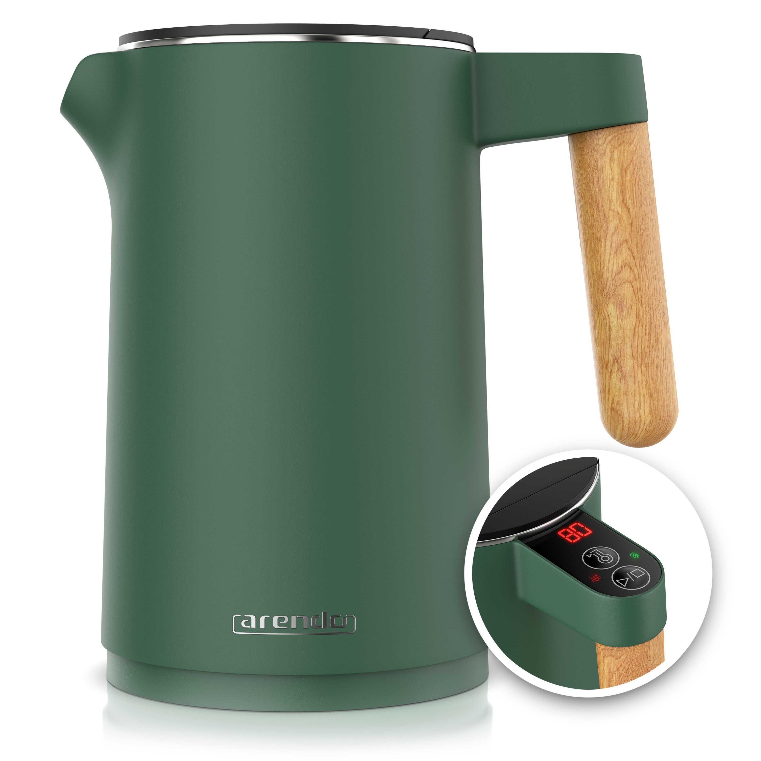 Arendo Wasserkocher Edelstahl, Temperatureinstellung 40° - 100 °C mit Anzeige, Doppelwand, 1,5 l, 2200 W, Warmhaltefunktion, 360° Basis, mit Griff in Holzoptik, BPA-frei
