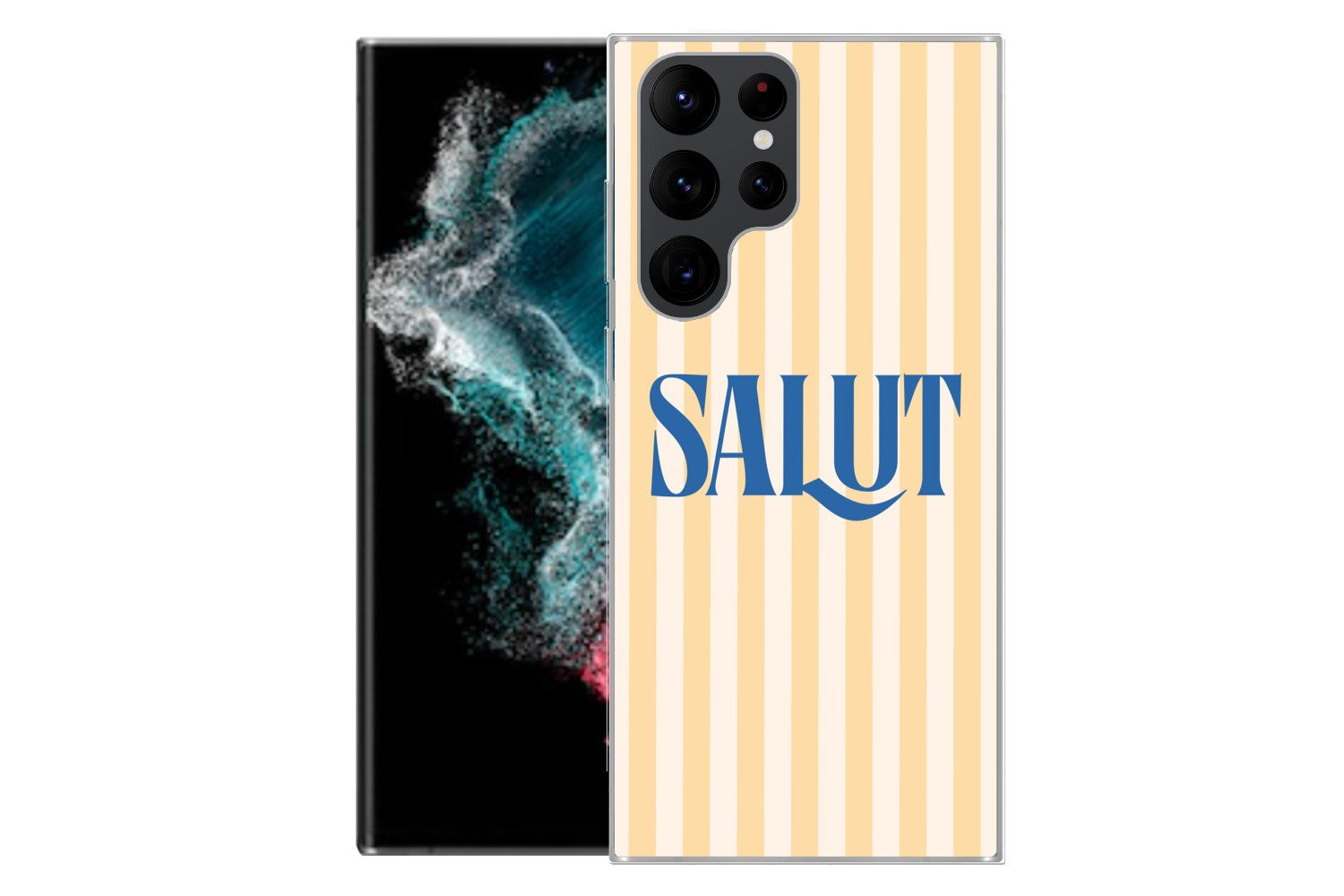 MuchoWow Handyhülle für Samsung Galaxy S22 Ultra Salut - Zitat - Streifen - Gelb - Blau -, Phone Case, Silikon, Schutzhülle Dünn