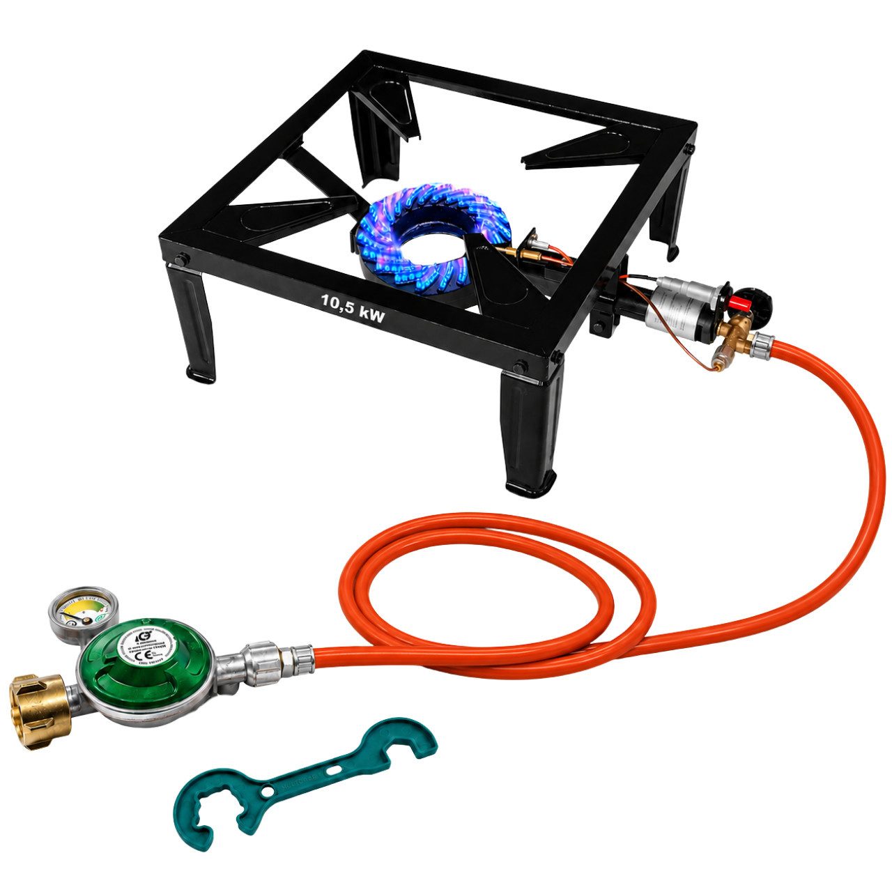 BlueCraft Gaskocher Hockerkocher 10,5 kW Gas mit Zündsicherung Piezozündung für Gasflasche, (mit Schlauch 100 cm und Gas Regler Druckminderer mit Manometer), 4 Bein Profi Gasbrenner Gusseisen für Camping Räucheröfen Wok Kocher