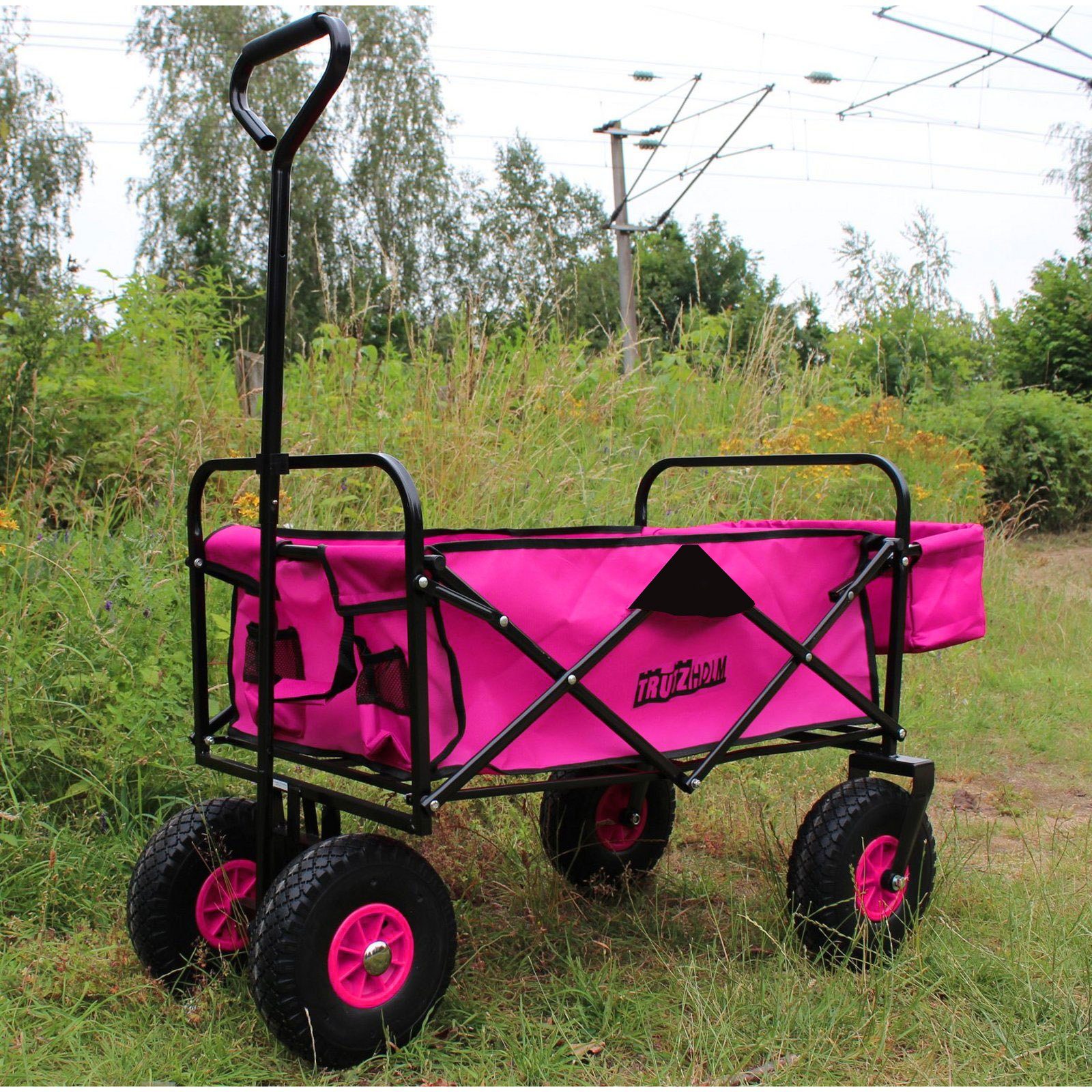 TRUTZHOLM Bollerwagen faltbar mit Vollgummi Rädern, Hecktasche und Teleskopgriff pink