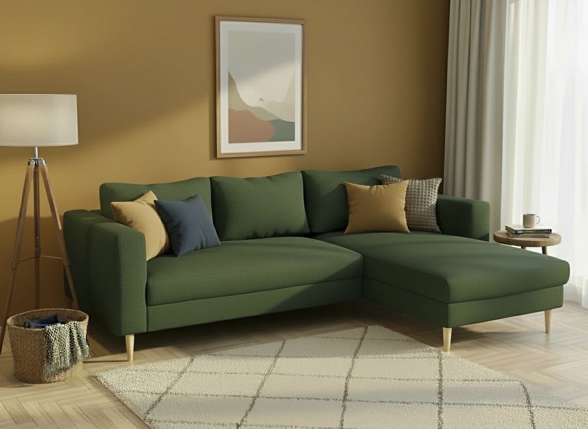 TRENDMANUFAKTUR Ecksofa Amazing, wahlw. mit Schlaffunktion & Bettkasten, Fuß Buche lackiert, Recamiere beidseitig montierbar, L-Form,in Cord o. Struktur, B: 232 cm