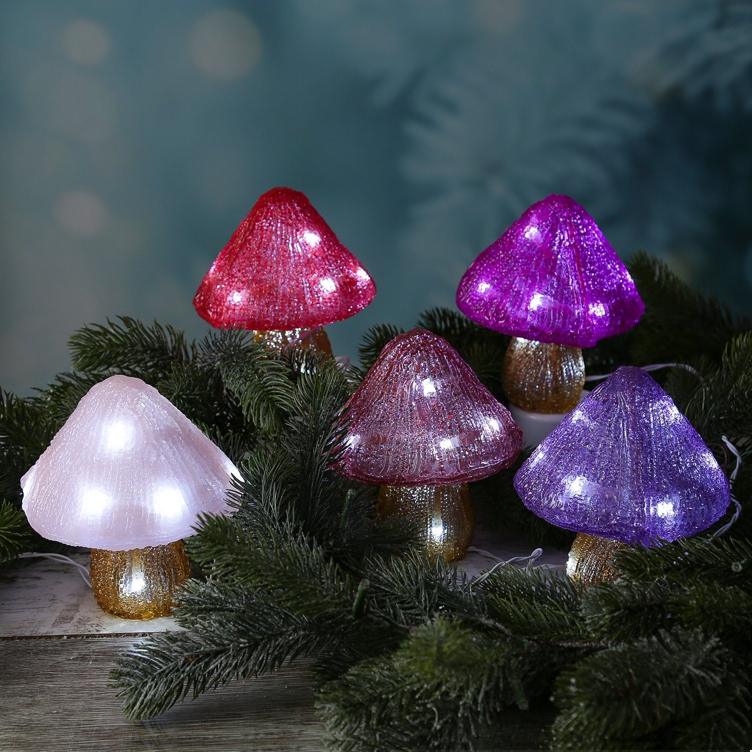 MARELIDA LED Dekoobjekt LED Pilze Acrylfigur 5 Pilze an Lichterkette Gartendekoration H: 15cm, LED Classic, kaltweiss (5300K bis 6000K)