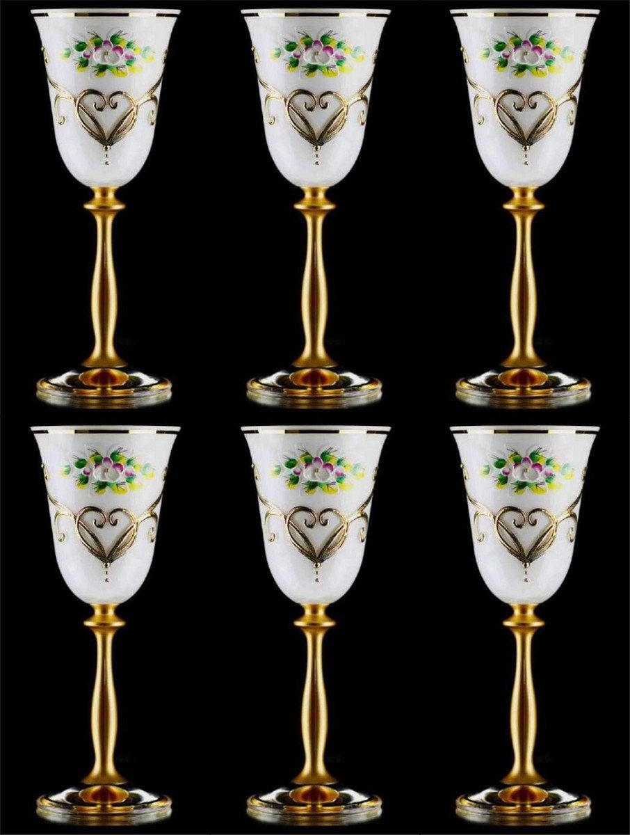 Likörbecher Luxus Barock Likörglas 6er Set Weiß / Mehrfarbig / Gold Ø 5,5 x H. 17 cm - Handgefertigte und handbemalte Likörgläser - Hotel & Restaurant Accessoires - Luxus Qualität