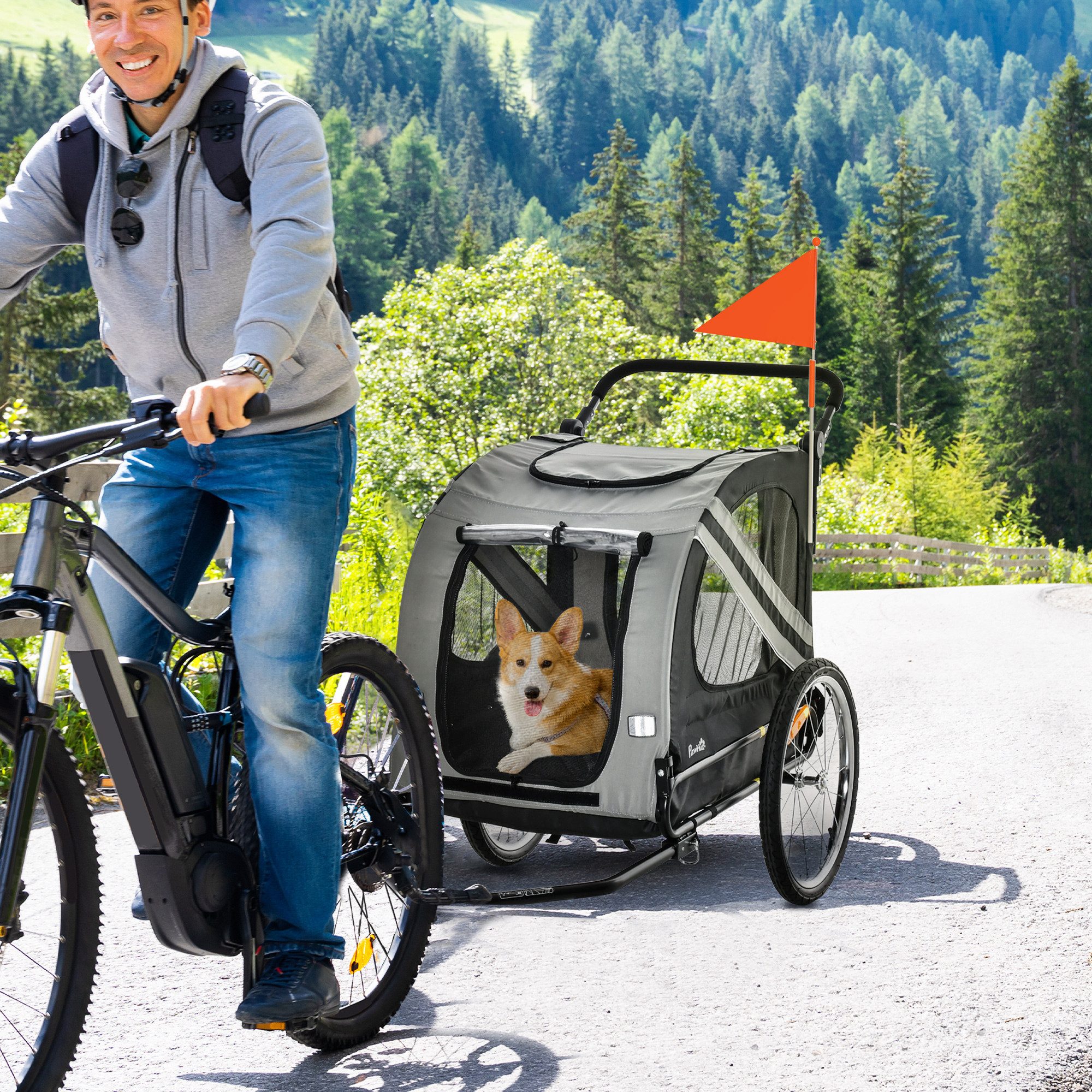 PawHut Fahrradhundeanhänger faltbar Hundeanhänger, Haustier Fahrradanhänger, für mittelgroße Hunde, Grau