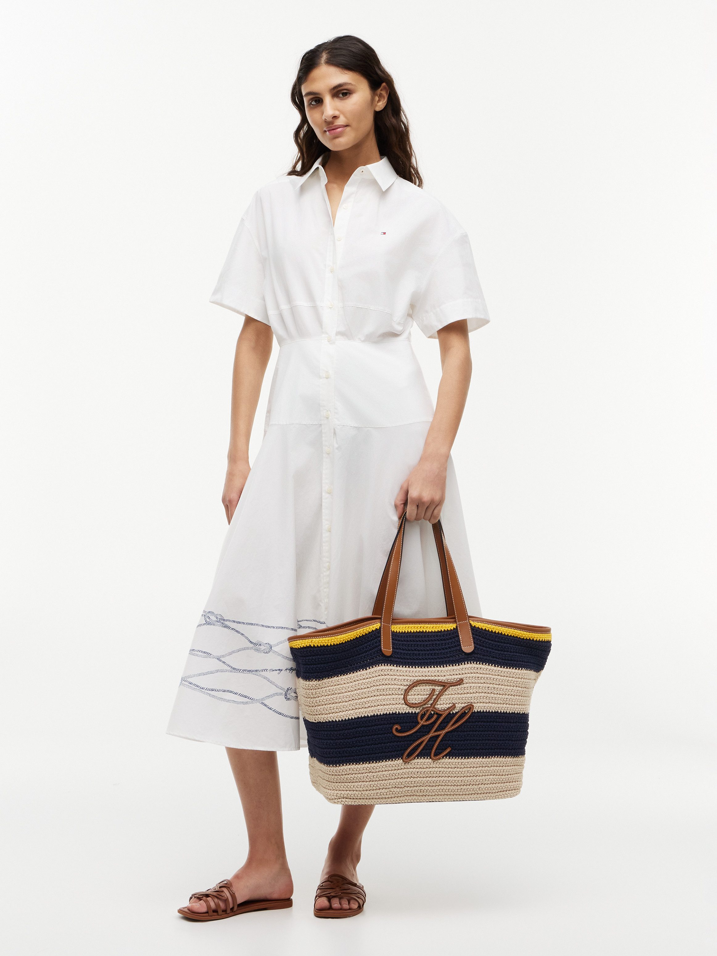 Tommy Hilfiger Tragetasche TH NAUTICAL TOTE CROCHET STR, Damen Strandtasche mit Streifen und Logoschriftzug