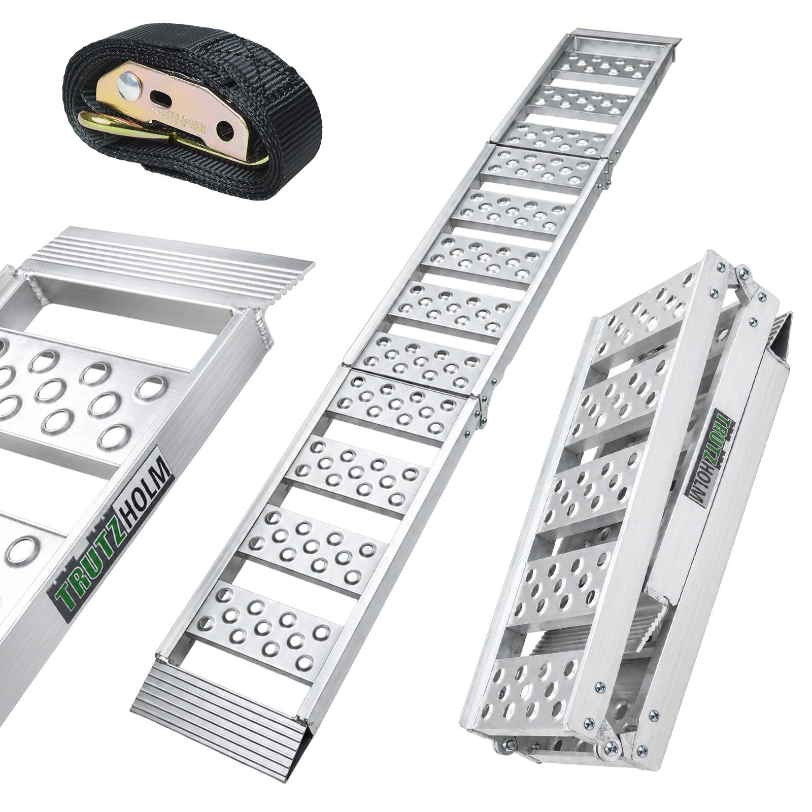 TRUTZHOLM Auffahrrampe 2-fach klappbar 198 cm Traglast 340 kg Alu Verladerampe gelocht 1x (1-St., Inkl. 1x Spanngurt), Robuste Konstruktion, platzsparend verstaubar, rutschfest