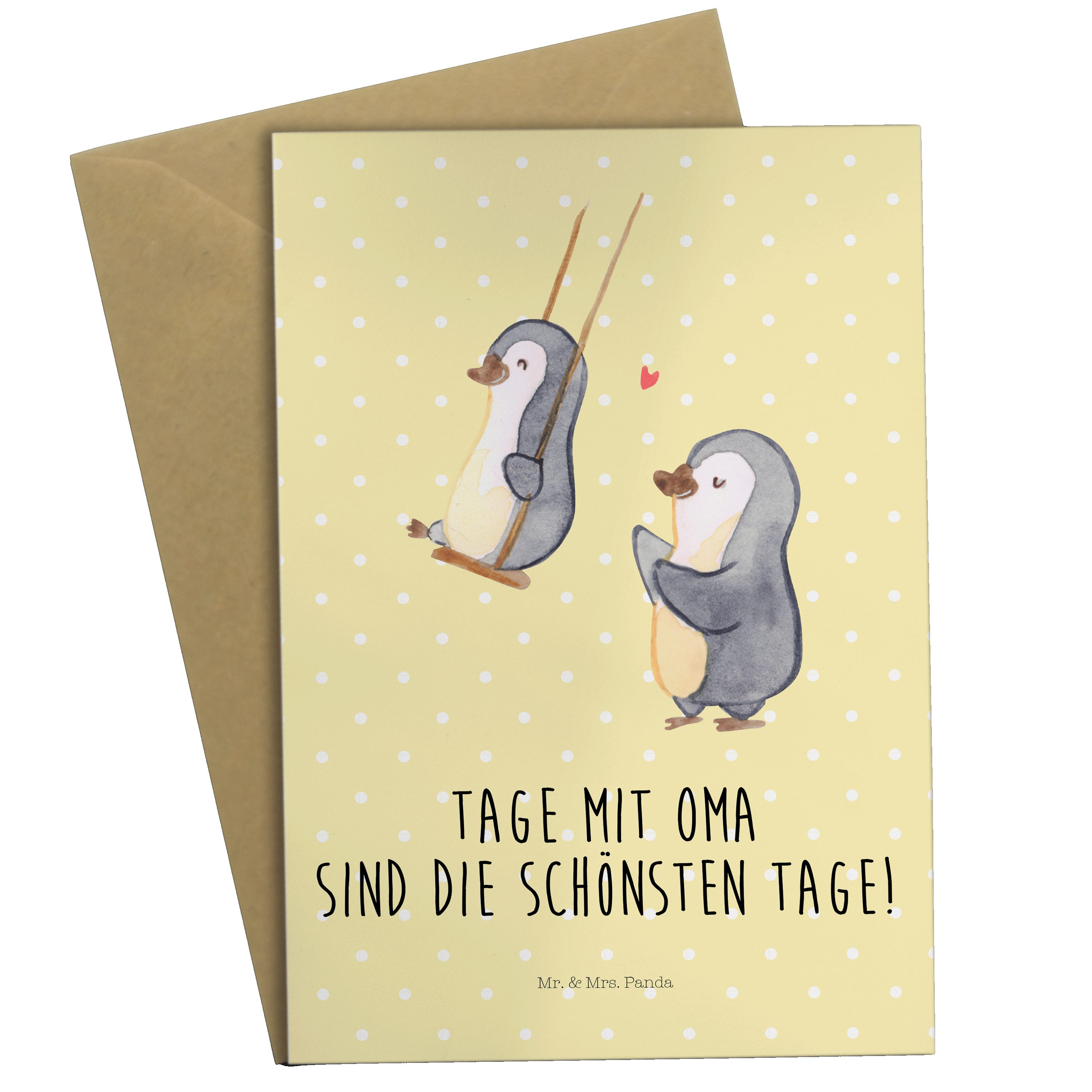 Geb Mrs. & Geschenk, Grußkarte Omi, Pastell schaukeln - Gelb Panda - Pinguin Klappkarte, Mr. Oma