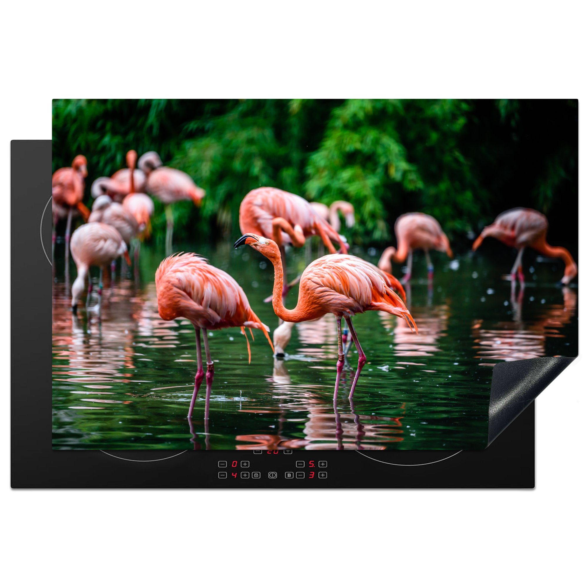 MuchoWow Herdblende-/Abdeckplatte Flamingo - Tropisch - Vogel - Wasser - Rosa, Vinyl, (1 tlg), 77x51 cm, Ceranfeldabdeckung, Arbeitsplatte für küche