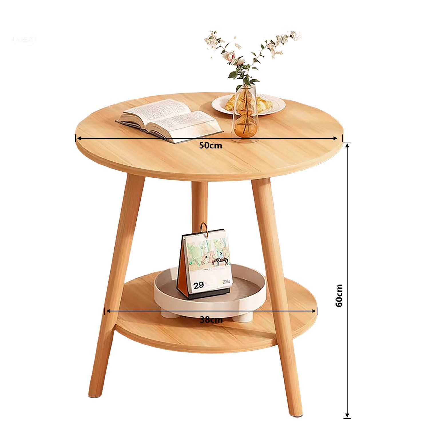 HEYHIPPO Beistelltisch Warmweißer doppelschichtiger Couchtisch aus Holz kleiner Beistelltisch (Ein Tisch, Rutschfest, nur 0,28 m² Fläche, stabile Dreiecksstruktur), Moderner kleiner Nachttisch, Couchtisch, einfache Montage,50×50×60 cm