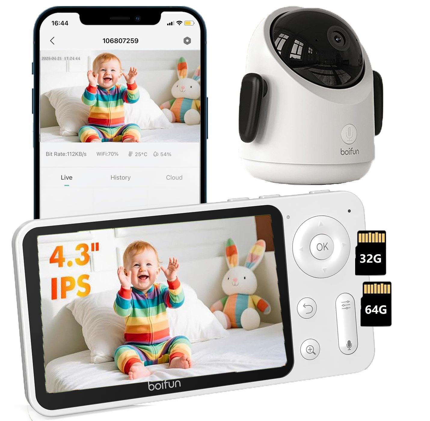 Video-Babyphone WLAN Babyphone mit Kamera 4,3 Zoll Video Babyfon mit App mit TF Karte