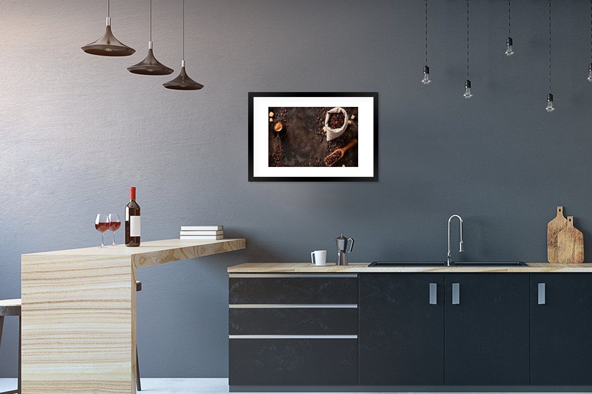 Beutel, (1 - Poster, Kaffee - Rahmen, Kunstdruck, mit St), Kaffeebohnen Schwarzem MuchoWow Poster Gerahmtes Bilderrahmen