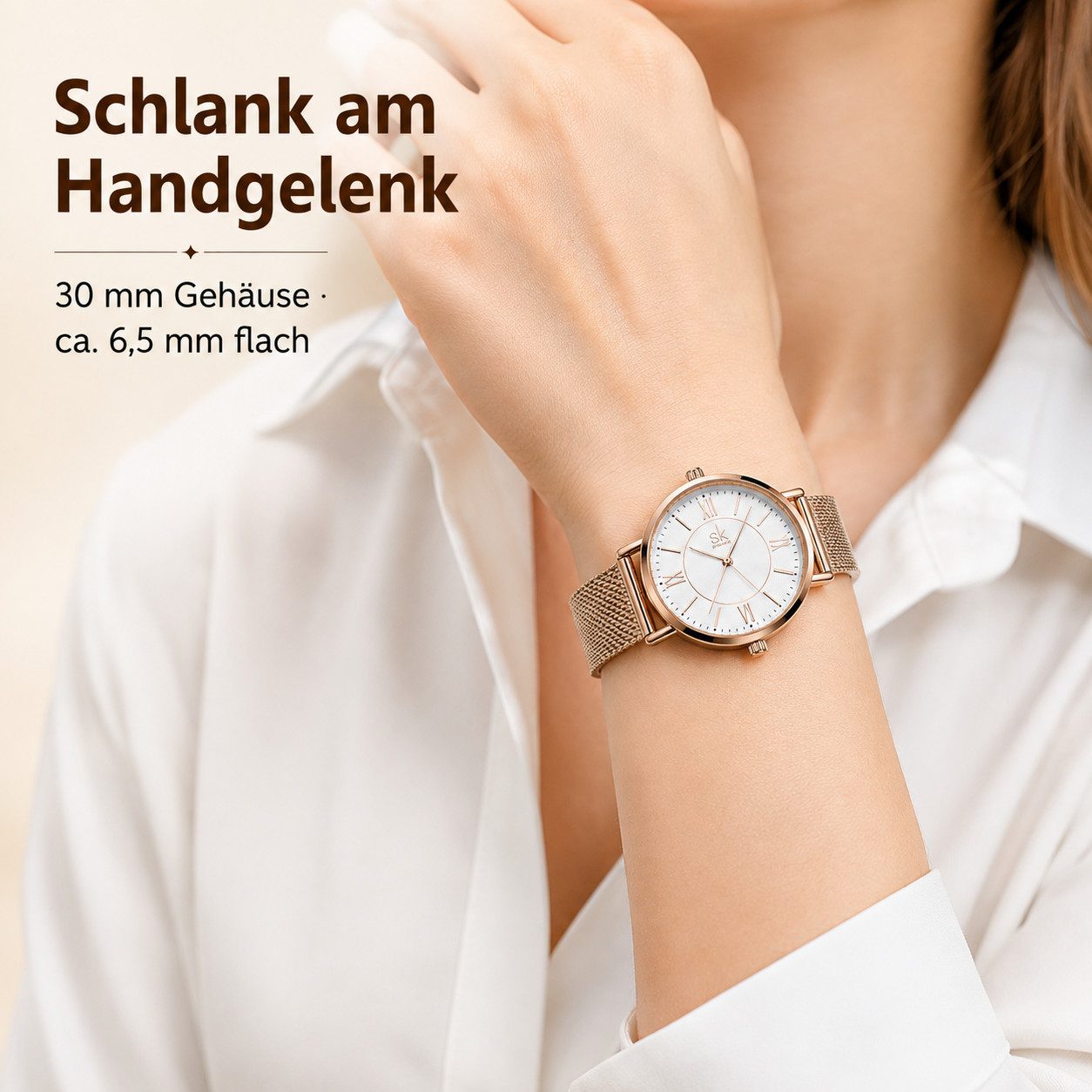 Toomoke Quarzuhr Damen Roségold, Damen Armbanduhr mit Edelstahl-Mesharmband, (analoge Damenuhr mit weißem Zifferblatt), römischen Ziffern, Mineralglas, 30 mm, 3 – Bild 3 von 5